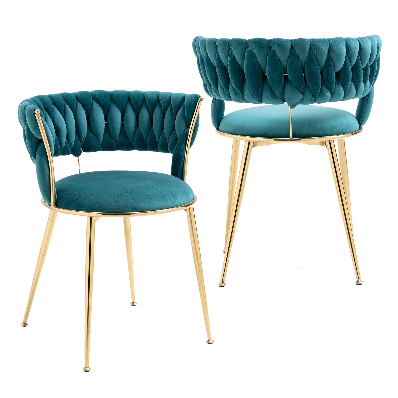 NIOIIKIT Modern Velvet Dining Chairs Set of 2 - Handwoven Upholstered Accent Chairs with Golden Metal Legs for Living Room, Dining Room & Kitchen (Teal) | Elegant Seating for Home Decor & Entertaining