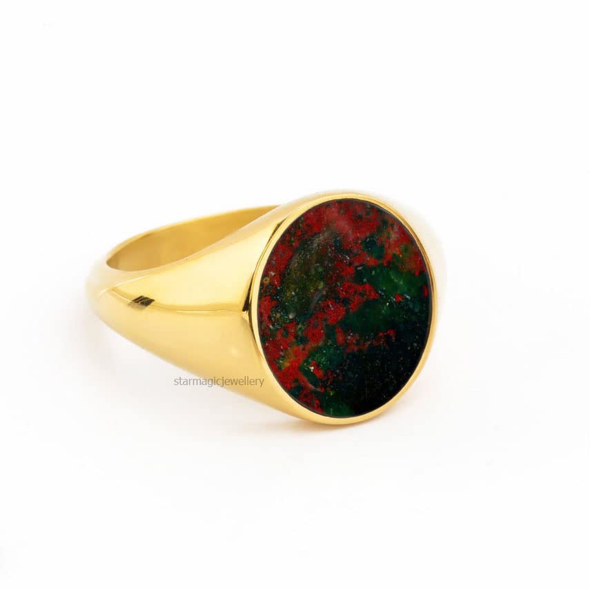 Vintage Red Bloodstone Engagement Ring - 14K Yellow Gold Signet Ring for Men & Women - Anniversary & Father’s Day Gift - Flat Gemstone Jewelry - Perfect for Weddings, Proposals & Special Occasions