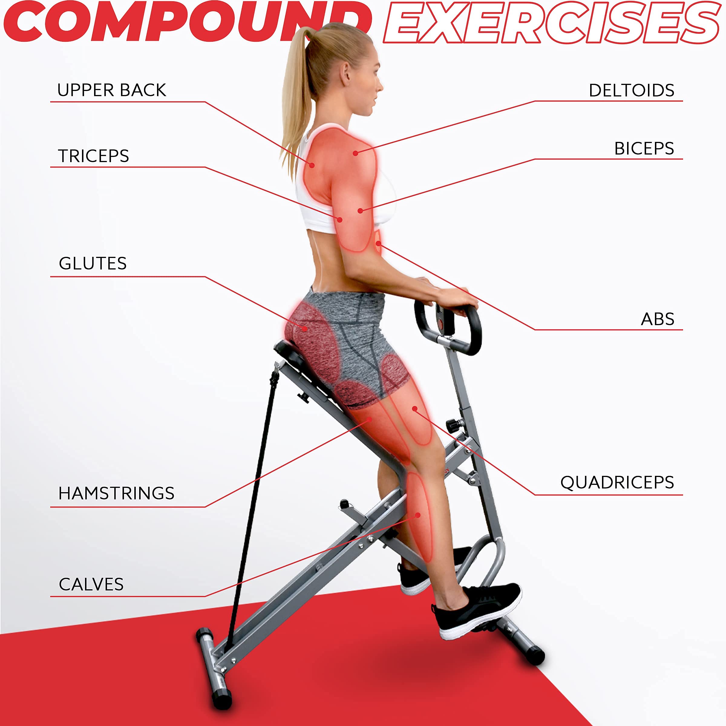 Sunny Health & Fitness Row-N-Ride Squat Machine - Home Gym Equipment for Glutes, Abs & Full Body Workout | DB Method Assisted Trainer for Butt Building & Toning | Perfect for Home Exercise & Small Spaces
