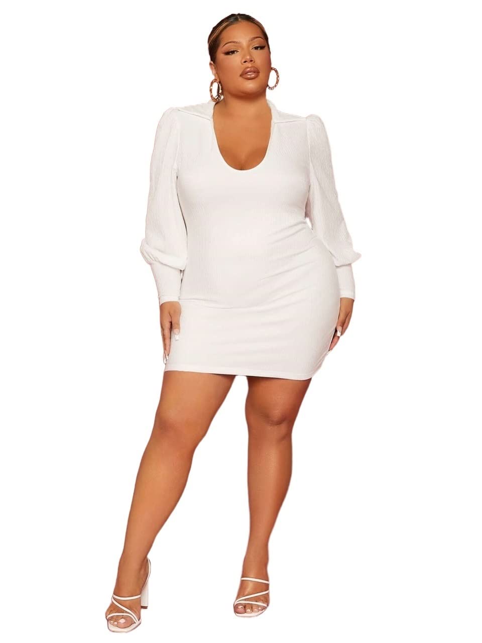 INOUJEKER Plus Size Women's Bodycon Dress with Gigot Sleeves - White X-Large | Flattering Fit for Curvy Women, Perfect for Parties, Dates & Special Occasions