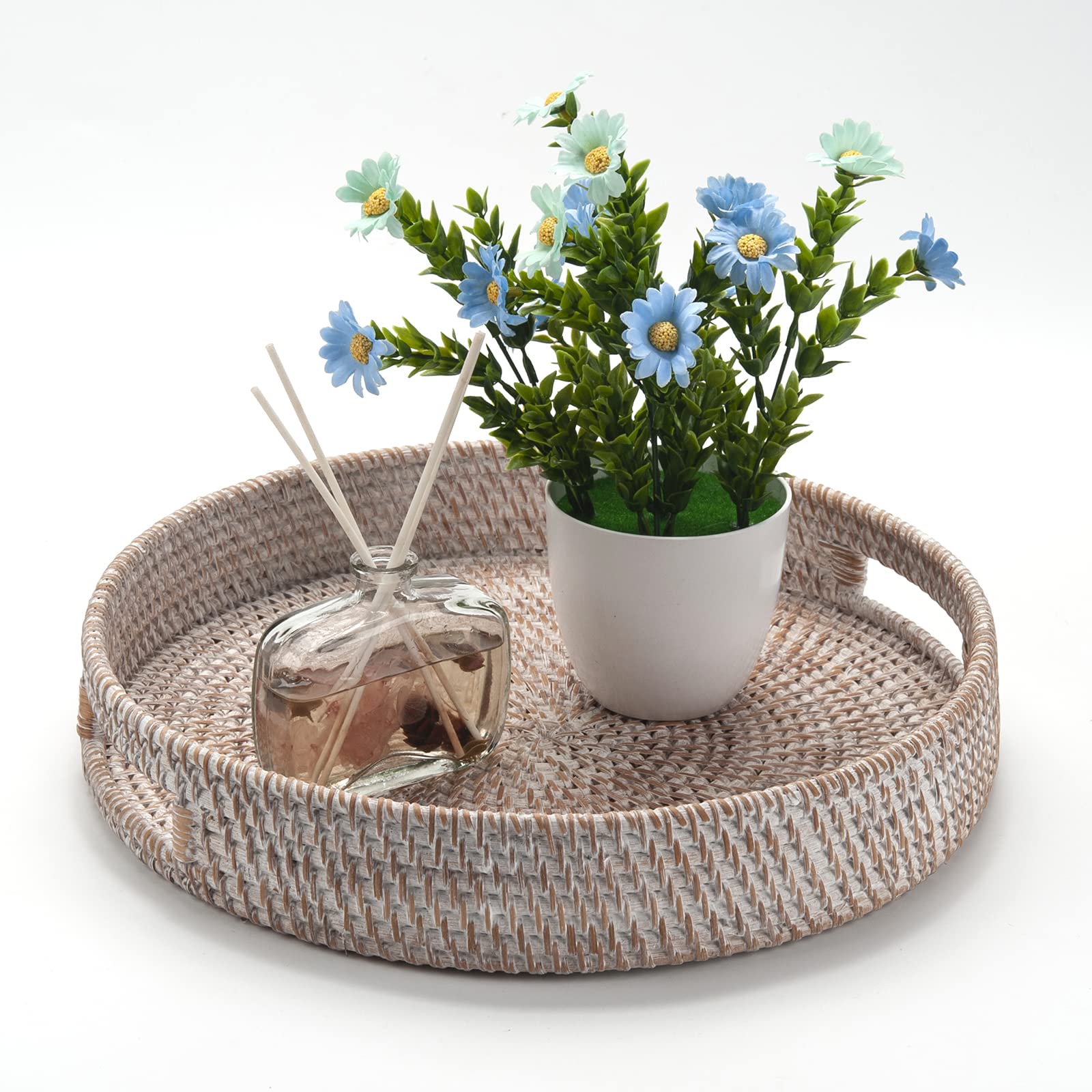 Round Rattan Coffee Table Tray with Handles - 14