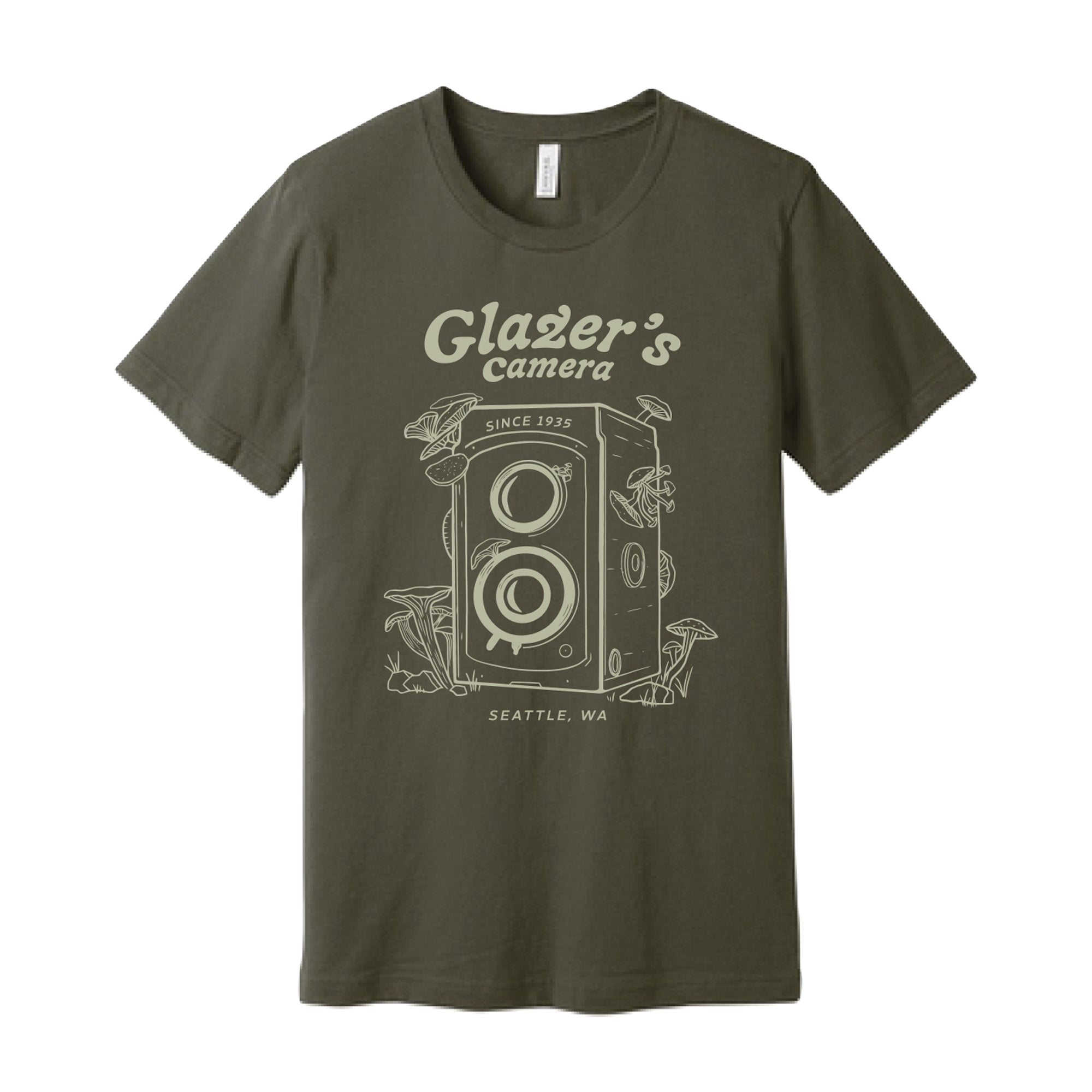 Glazer's Mushroom Camera Graphic T-Shirt - Olive Green - Large Size - Casual Streetwear for Photography Enthusiasts