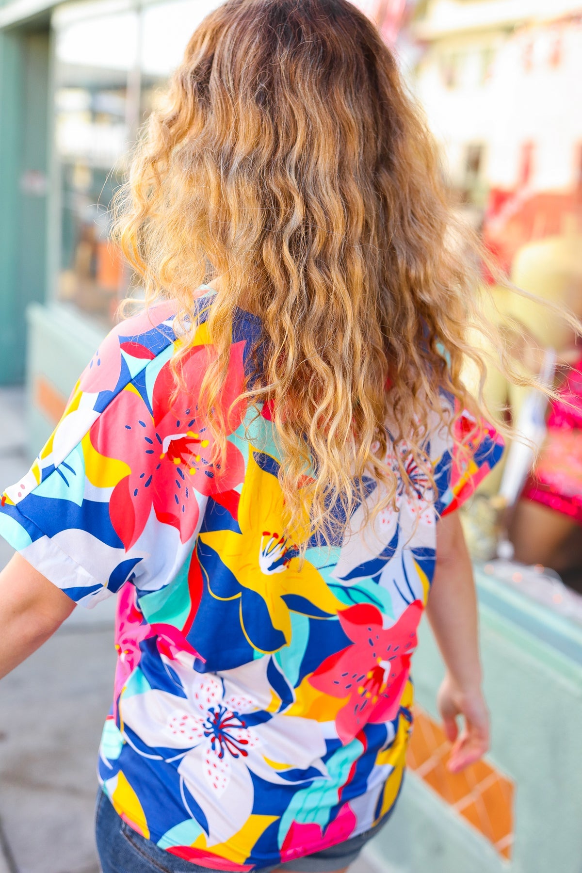 Navy & Yellow Tropical Floral V-Neck Top for Women - Summer Beach Vacation Outfit, Casual Boho Blouse for Travel & Date Night