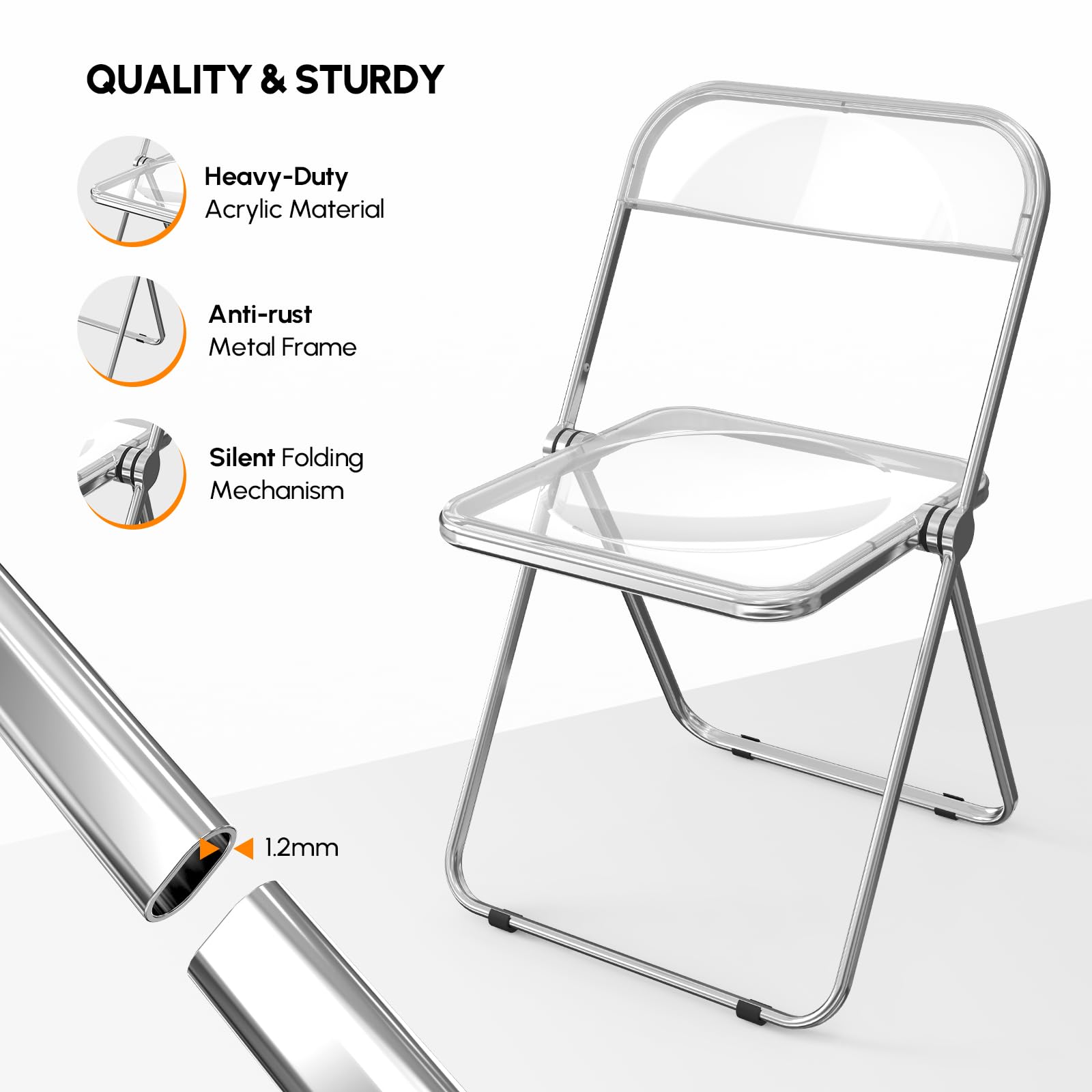 VINGLI 2 Pack Clear Acrylic Folding Chairs - Stackable Plastic Chairs with Metal Chrome Frame, 350 lbs Weight Capacity - Perfect for Weddings, Parties, Events & Outdoor Gatherings