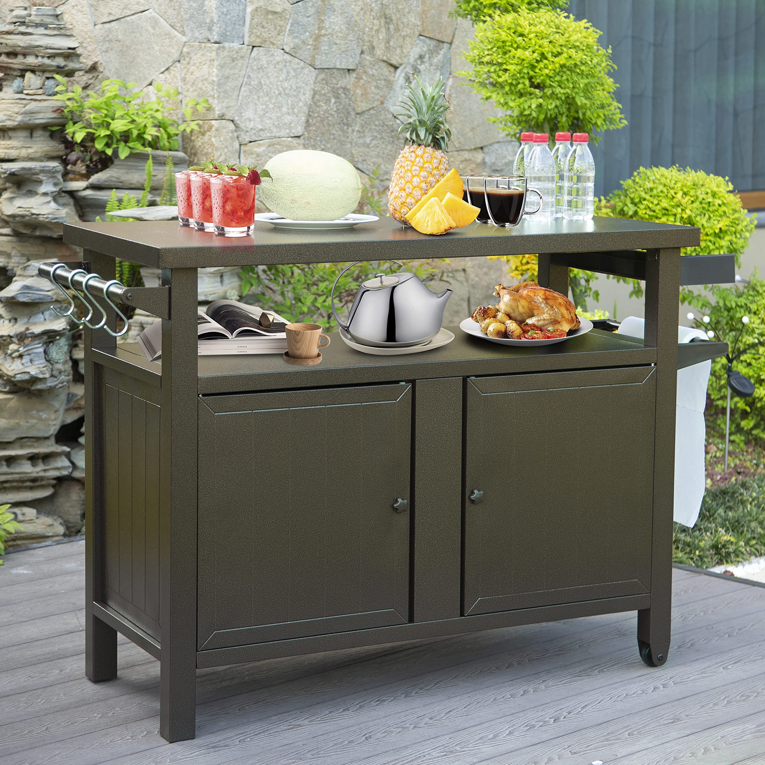 Portable Metal BBQ Grill Cart with Wheels & Storage for Outdoor Cooking - Patio, Backyard, Deck Use