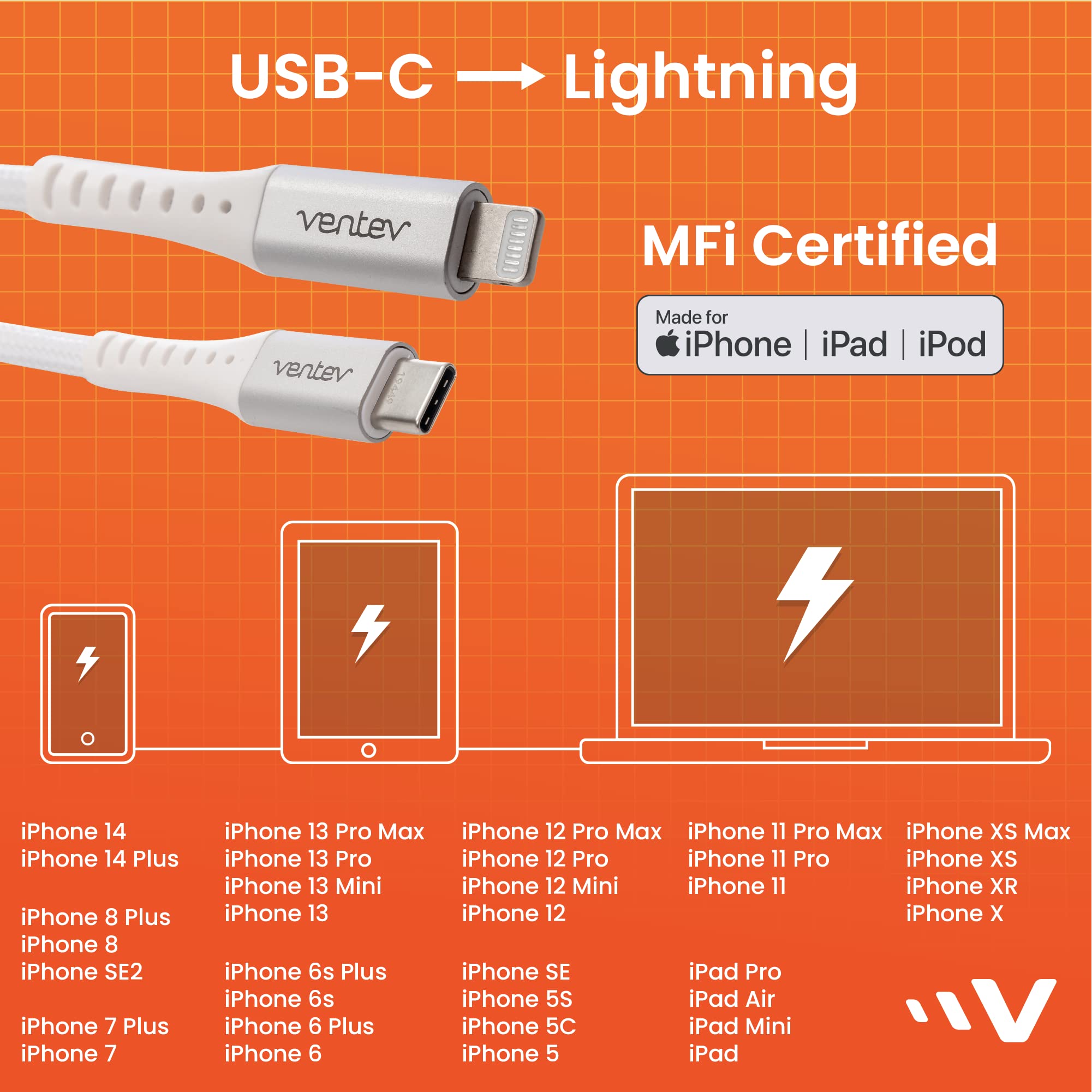 Ventev Alloy 10ft iPhone Fast Charging USB-C to Lightning Cable | Extra Long MFi Certified Apple Charger | Durable 100x Longer Life iPhone Charging Cord (White) - Perfect for Home, Office & Travel Use