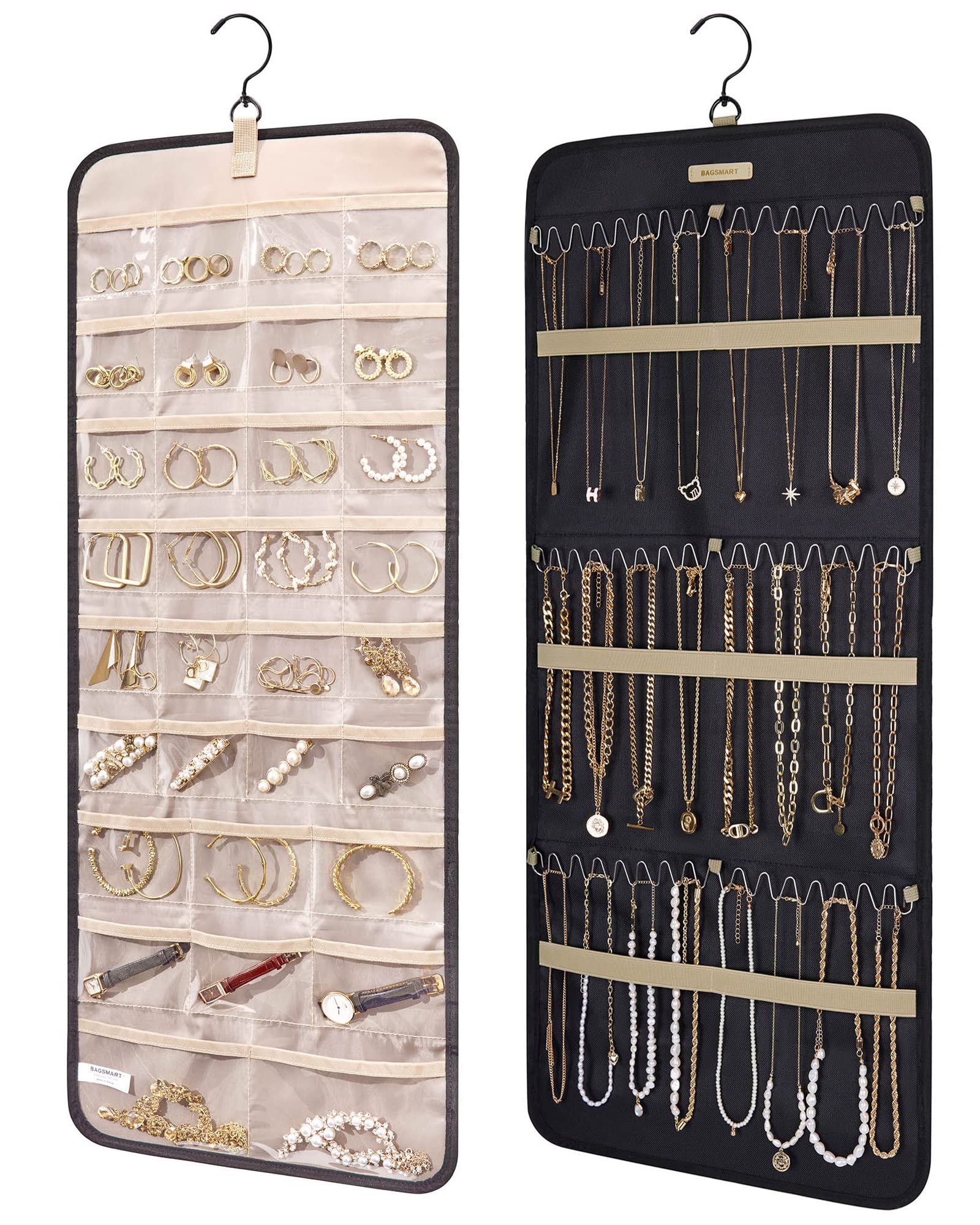 BAGSMART Large Black Hanging Jewelry Organizer with Metal Hooks - Double-Sided Jewelry Storage Roll for Earrings, Necklaces, Rings - Perfect for Closet, Wall, or Door Organization (1 Piece) - Ideal for Travel, Home Decor, and Gift Giving