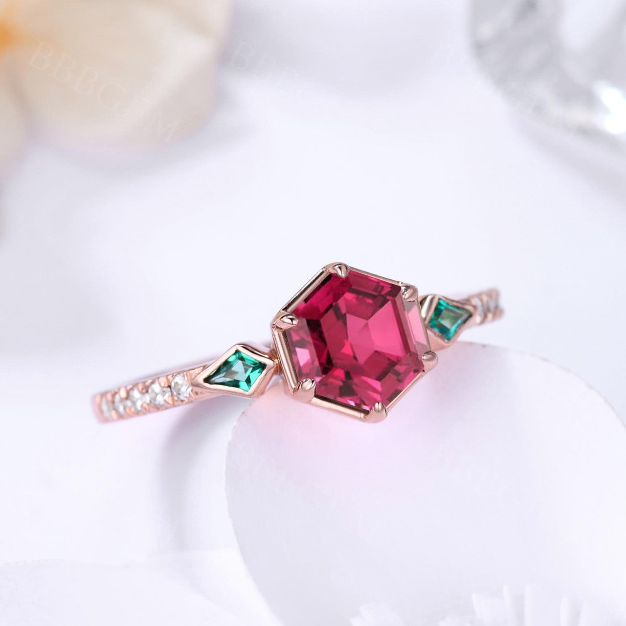 3 Stones Hexagon Lab Ruby with Kite Cut Emerald Sidestones Wedding Ring Set in Bezel & Prong Rose Gold Setting - Perfect for Engagement, Anniversary, and Bridal Jewelry Gifts