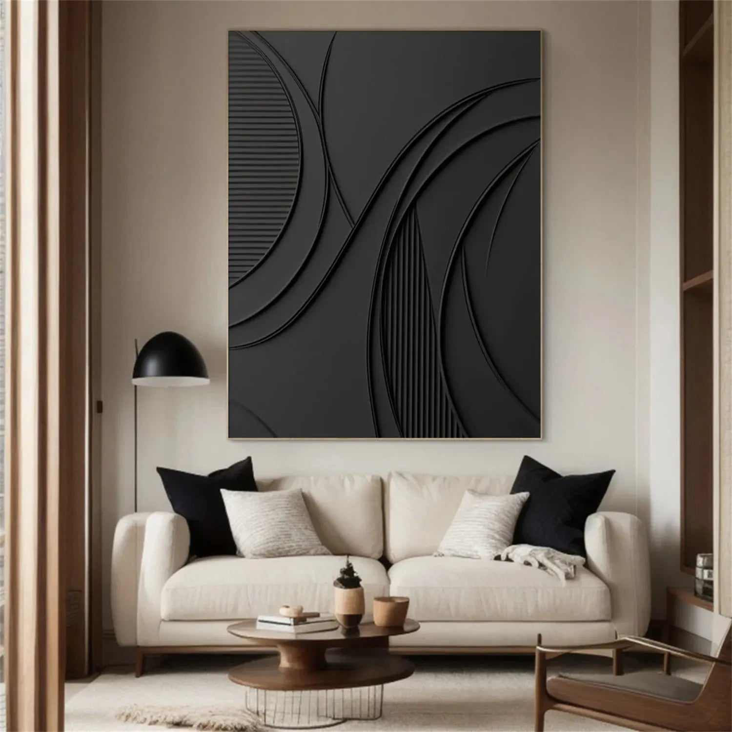 Black Minimalist Textured Painting Canvas Wall Art - Modern Abstract Home Decor for Living Room, Bedroom & Office - Premium Quality Stretched Canvas #MZ126
