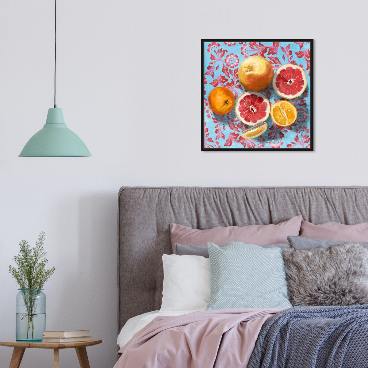 Tropical Citrus Still Life Blue Framed Canvas Wall Art Print - Kitchen Decor, Cabin & Lodge Decor - Perfect for Home, Office & Dining Room