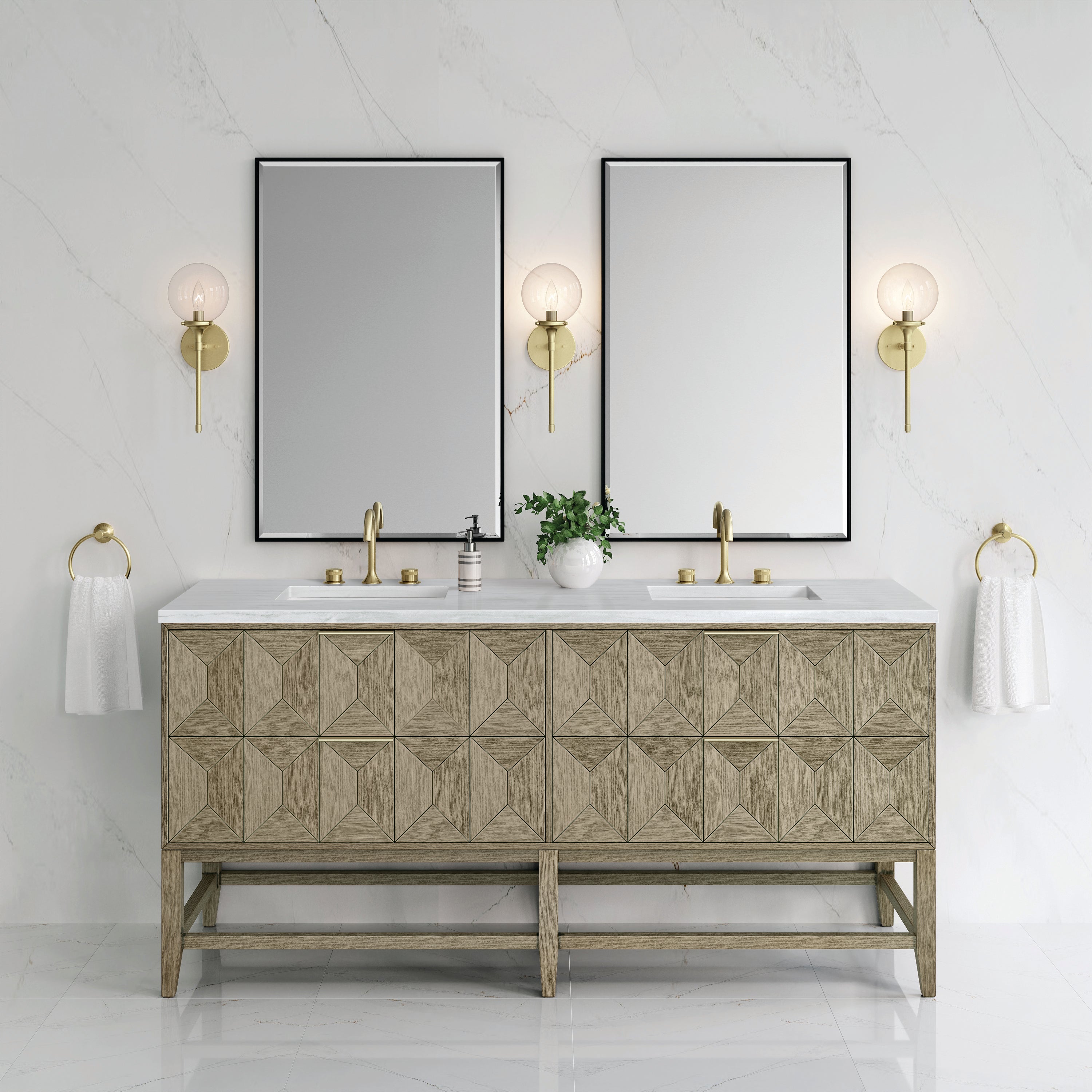 Emmeline 72 Inch Double Bathroom Vanity with Pebble Oak Finish & 3CM Arctic Fall Quartz Top - Perfect for Master Bathroom Renovation & Modern Home Decor