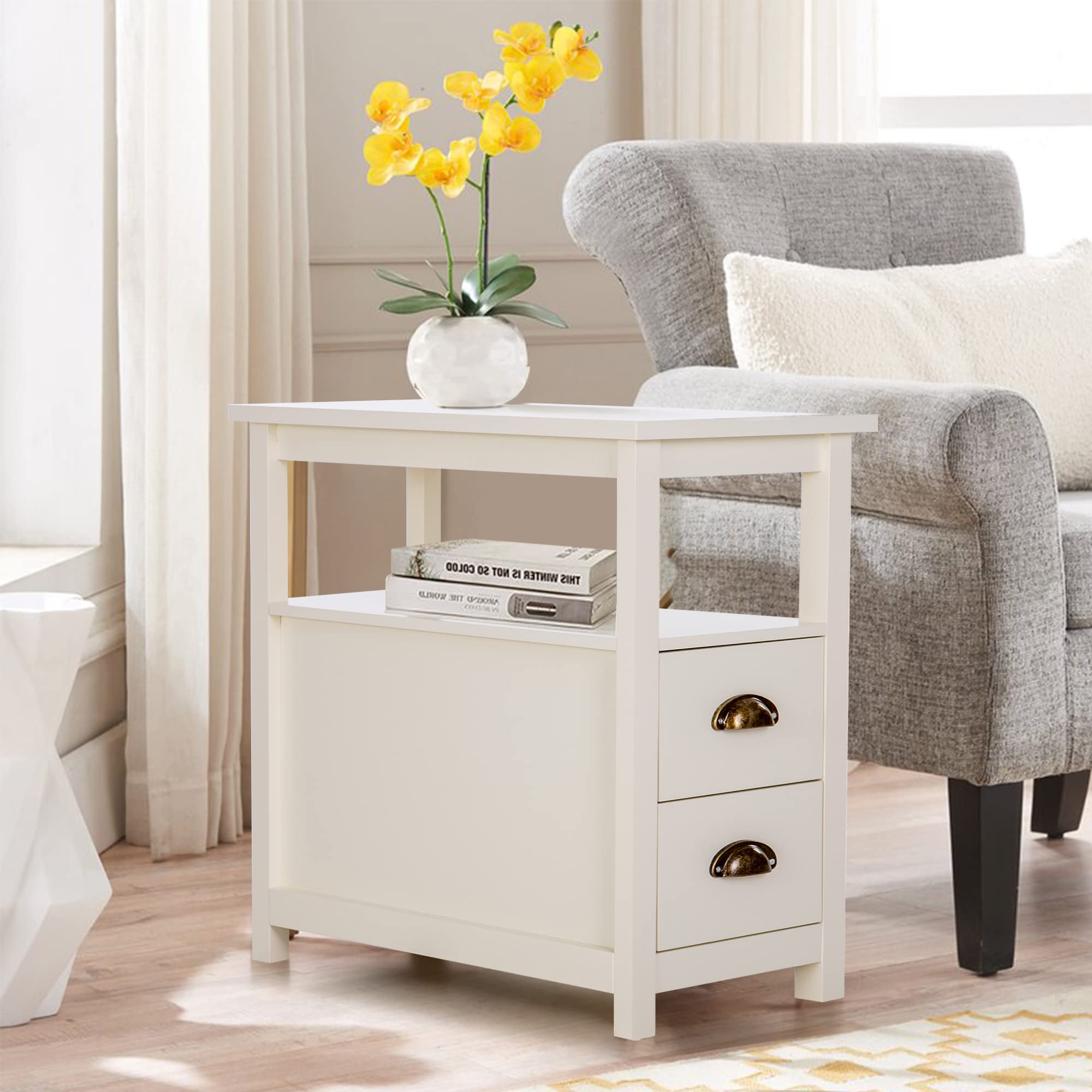 PHI VILLA Narrow End Table with 2 Drawers - Nightstand, Side Table, Bedside Table for Living Room & Bedroom - Perfect for Small Spaces, Apartment Decor, Sofa Table for Lamps and Essentials