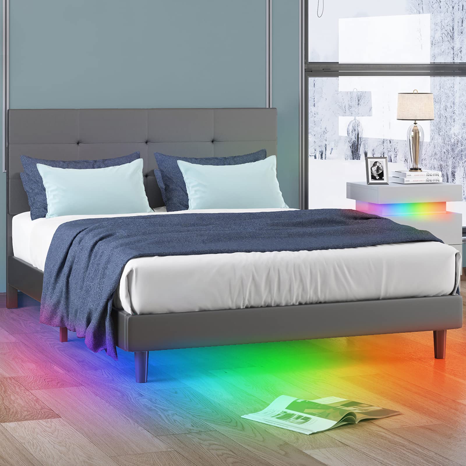 BALUS LED Bed Frame Queen Size - RGB Lighting Upholstered Platform Bed with Alexa & App Control, Adjustable Headboard & Solid Wood Slats - No Box Spring Required (Grey) | Perfect for Modern Bedrooms, Gaming Setups & Smart Home Decor