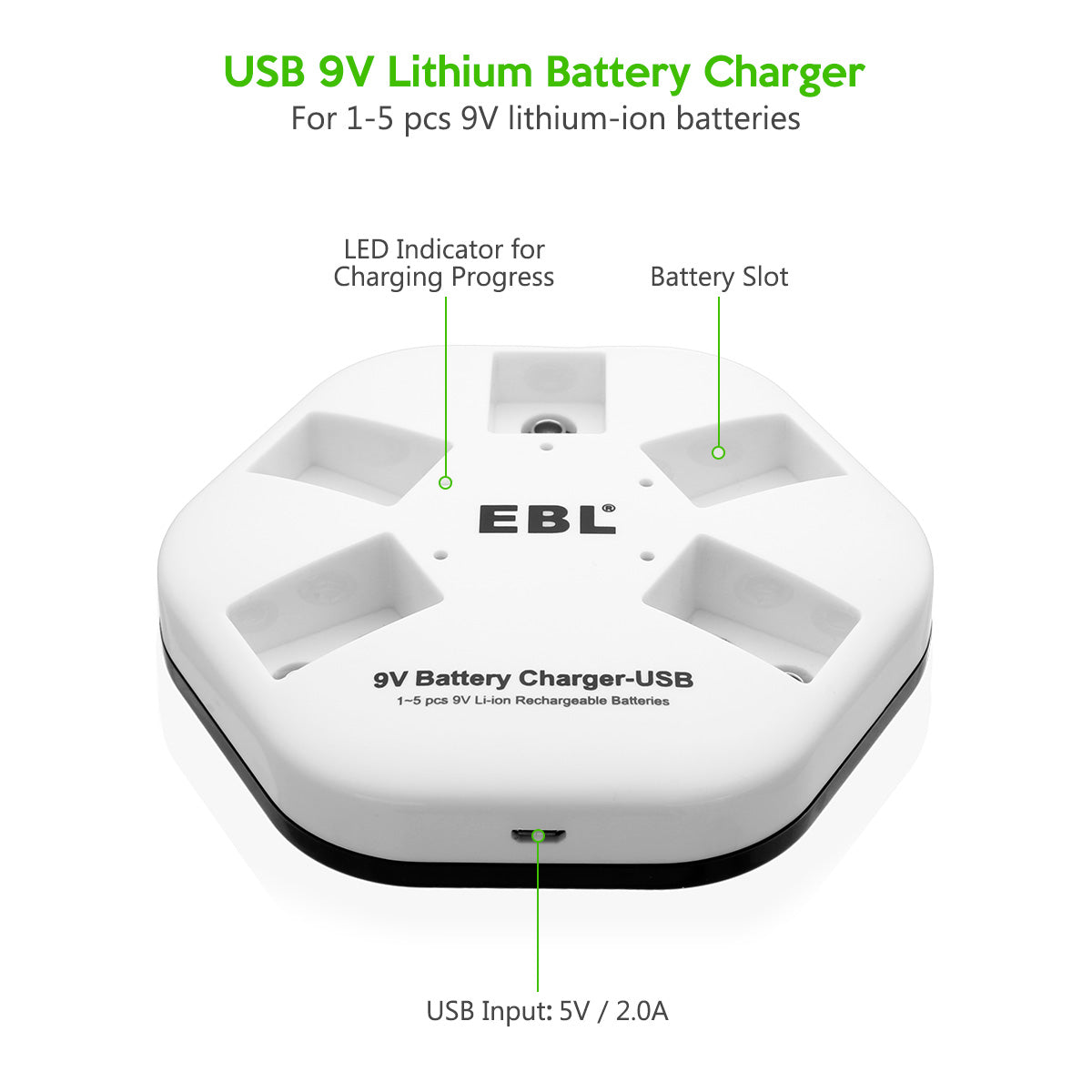 EBL 5-Pack 9V Lithium Ion Rechargeable Batteries with 5-Bay Smart Charger - Perfect for Smoke Detectors, Guitar Pedals & Electronic Devices