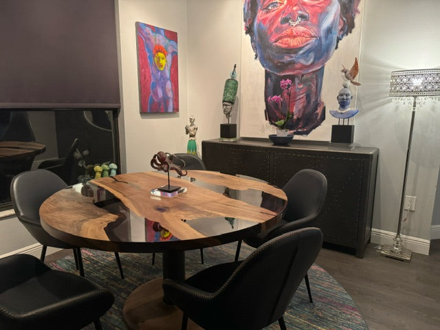 Handmade Custom Round Epoxy Resin Walnut Dining Table with Solid Wood Base - Perfect for Kitchen, Dining Room, and Modern Home Decor