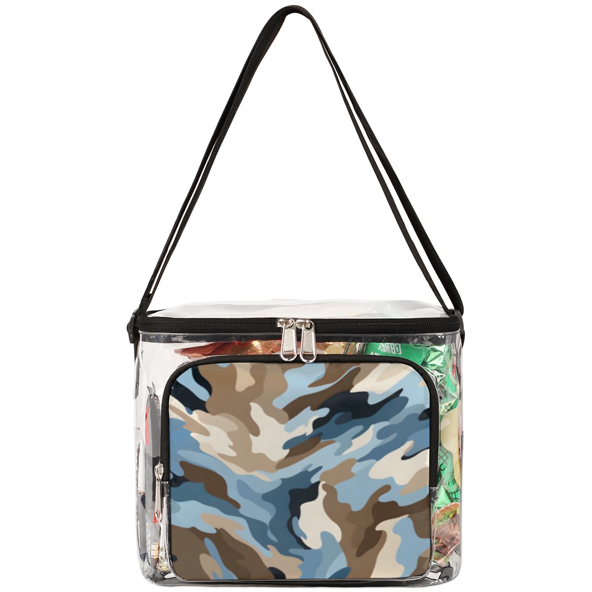 GzLeyigou Camouflage Pattern Transparent Tote Bag with Handles - Blue White Clear Crossbody Shoulder Bag for Lunch, Outdoor, Travel, Picnic, Concerts & Sports Events | Stadium Approved Waterproof Multipurpose Carryall (Perfect for Beach, Shopping, Gym & Daily Commute)