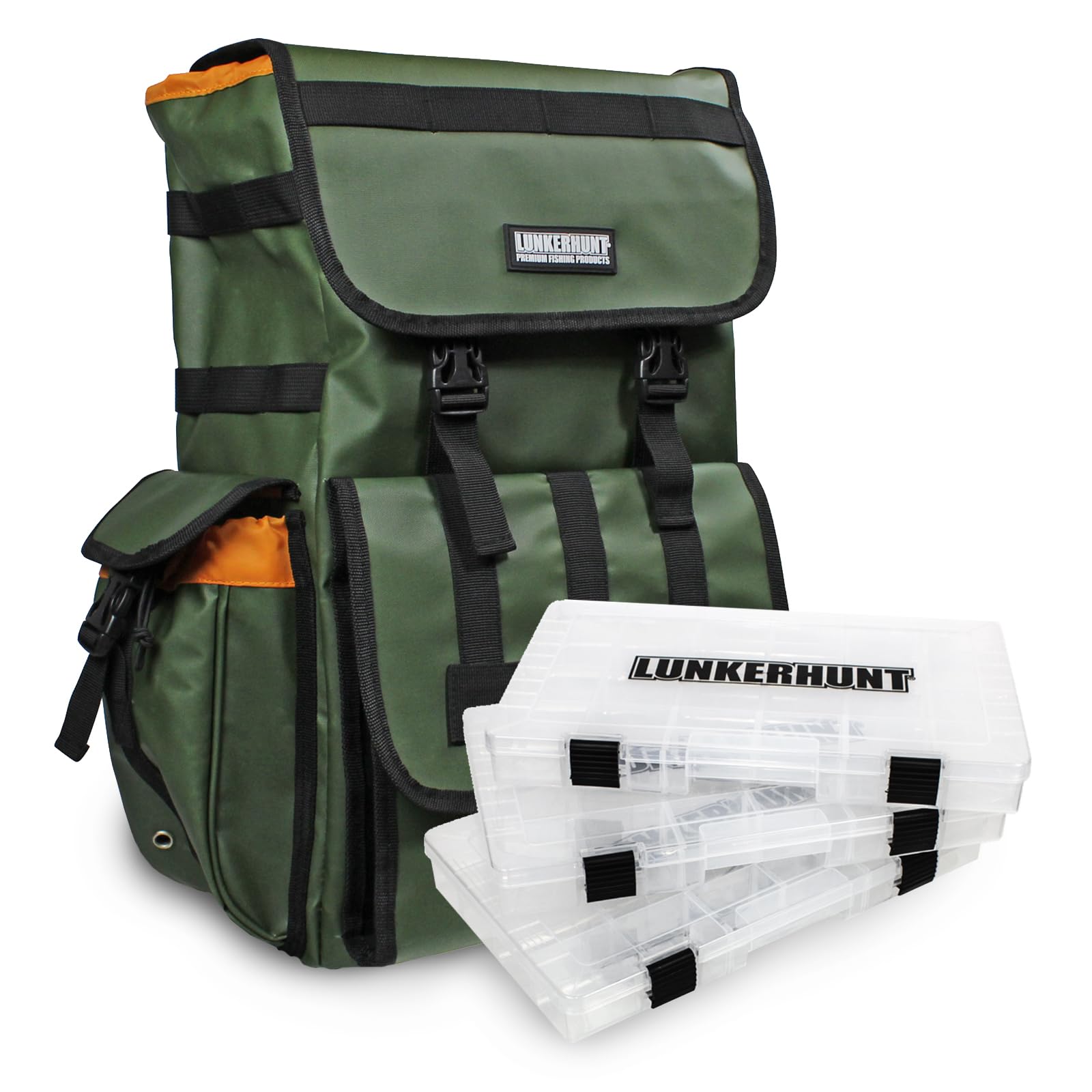 **Lunkerhunt Fishing Backpack with Rod Holders – Waterproof 30L Tactical Gear Bag for Anglers | Includes 3 Tackle Boxes | Lightweight & Spacious for Freshwater & Saltwater Fishing**