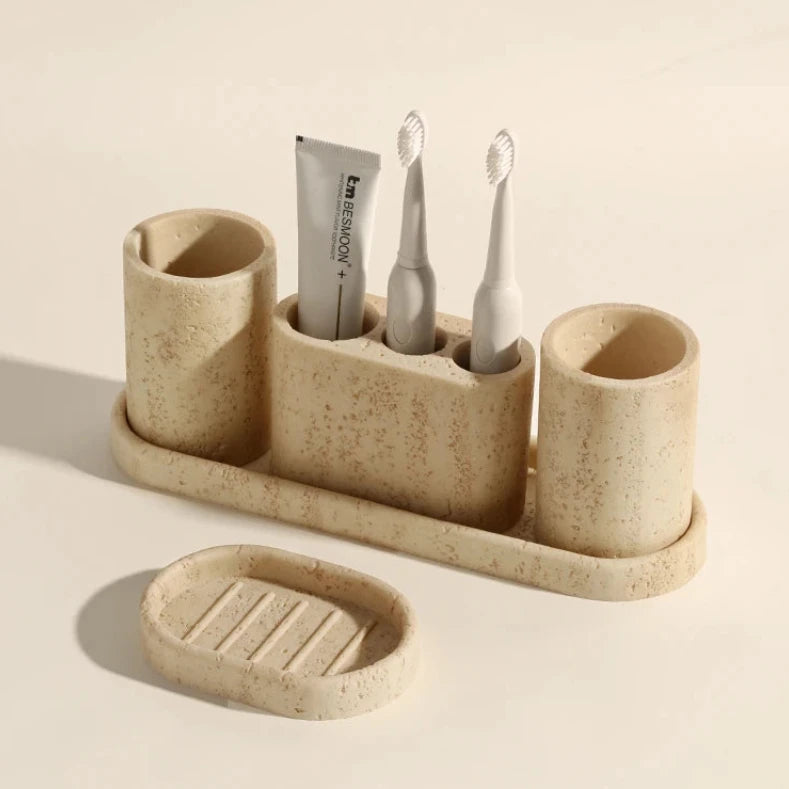 Natural Travertine Cave Stone Bathroom Accessories Set - Soap Dispenser, Toothbrush Holder & Tumbler - Spa Style Home Decor for Modern Bathrooms, Luxury Hotel Style Upgrade