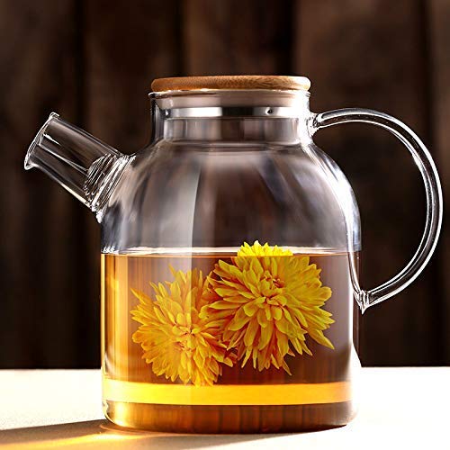 JHSHENGSHI 1600ml Glass Water Jar - Transparent Tea & Fruit Infuser Pot with Flower Tea Cup Set - Perfect for Home, Office, or Gifts - Great for Hot/Cold Beverages, Candle Heating, and Relaxation