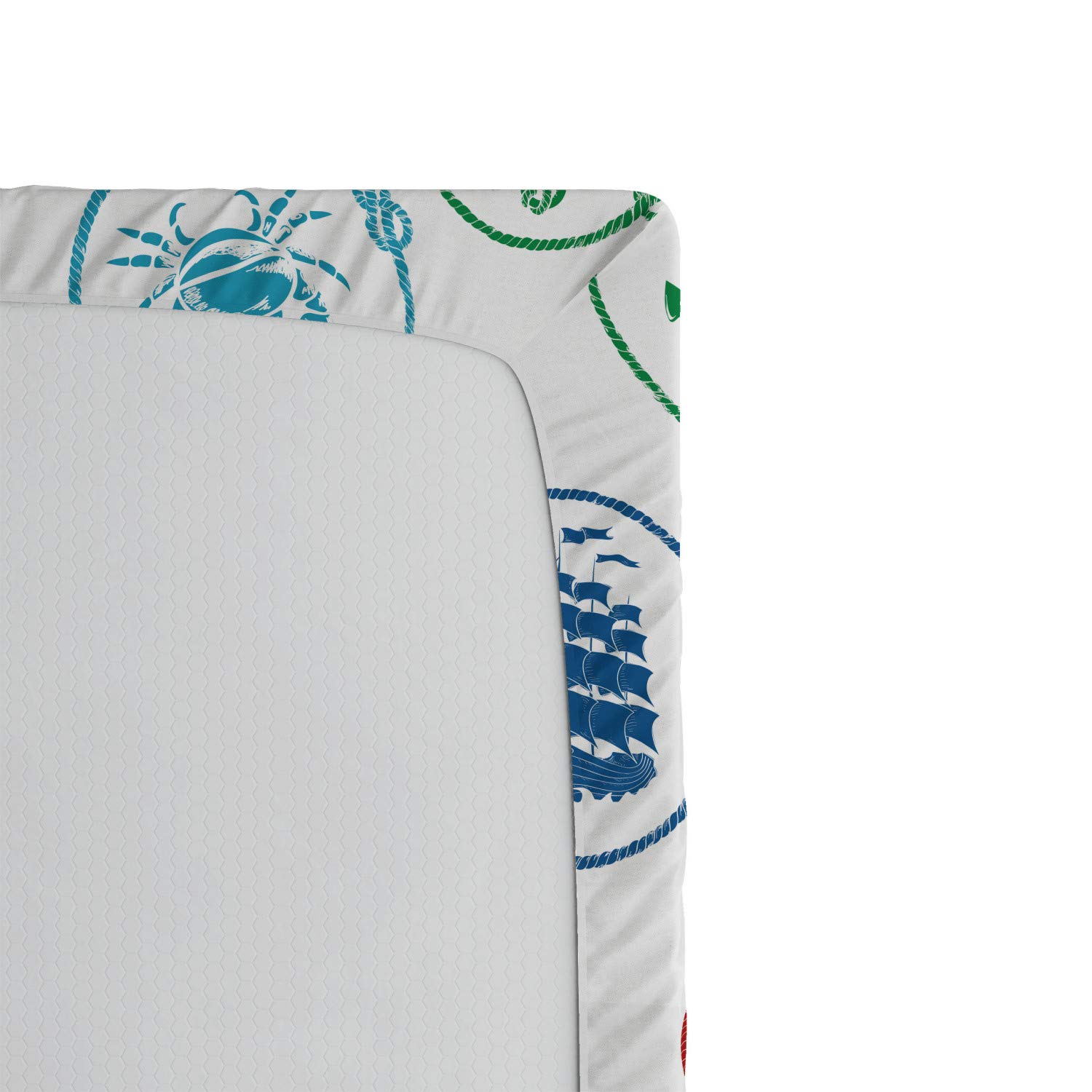 Ambesonne Marine Themed Fitted Sheet - Anchor, Wheel, Compass & Sea Life Design, Deep Pocket All-Around Elastic, Twin XL Size, Green & Red - Perfect for Nautical Bedrooms, Beach Houses & Coastal Decor