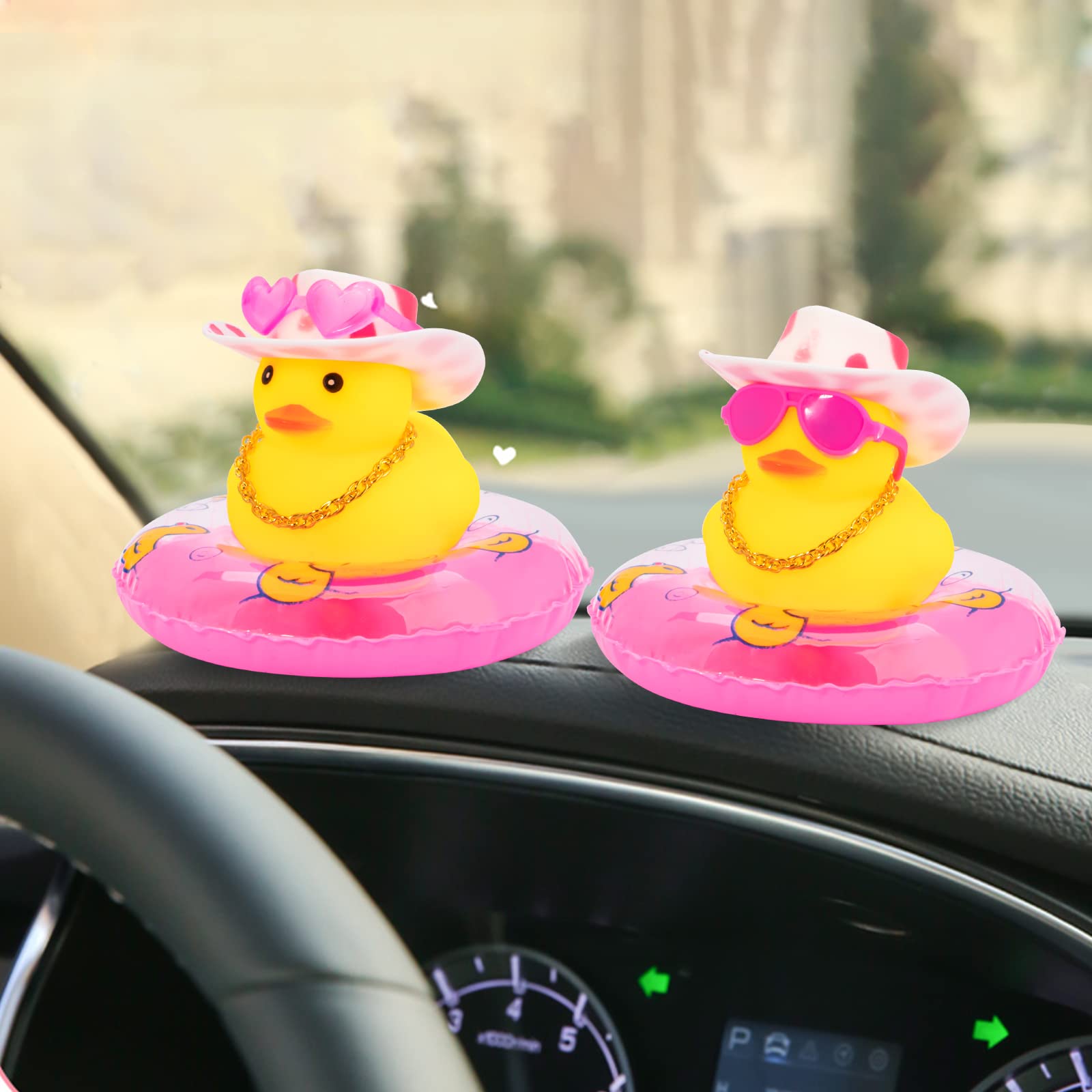 Wonuu Rubber Duck Car Dashboard Decoration - Cute Mini Duck Ornament with Flower Hat, Swim Ring, Necklace & Sunglasses (Red Heart Glasses & Pink Spot Hat) - Fun Car Accessory for Dashboard Decor, Gift Idea