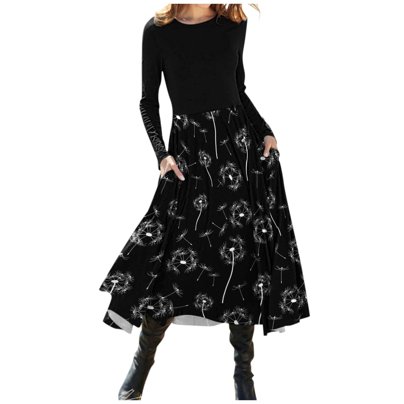 Women's Floral Print Midi Dress - Long Sleeve Bodycon Dress with Crew Neck & Ruched Detail | Perfect for Date Night, Office Wear & Special Occasions