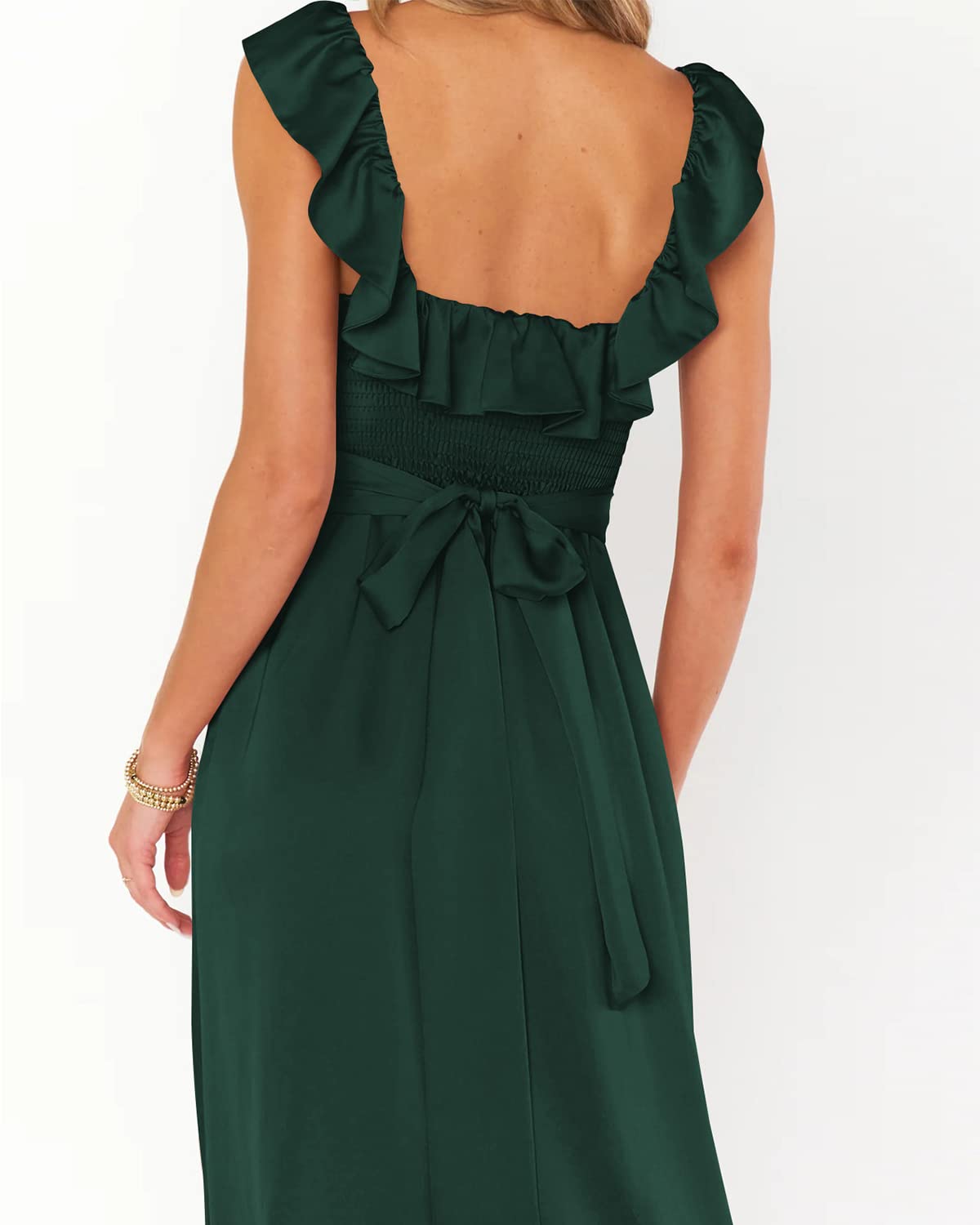 Houstil Women's Summer Wrap Maxi Dress - Ruffle Satin Sleeveless Tie Waist Flowy Beach Wedding Guest Bridesmaid Dress for Vacation, Party & Special Occasions