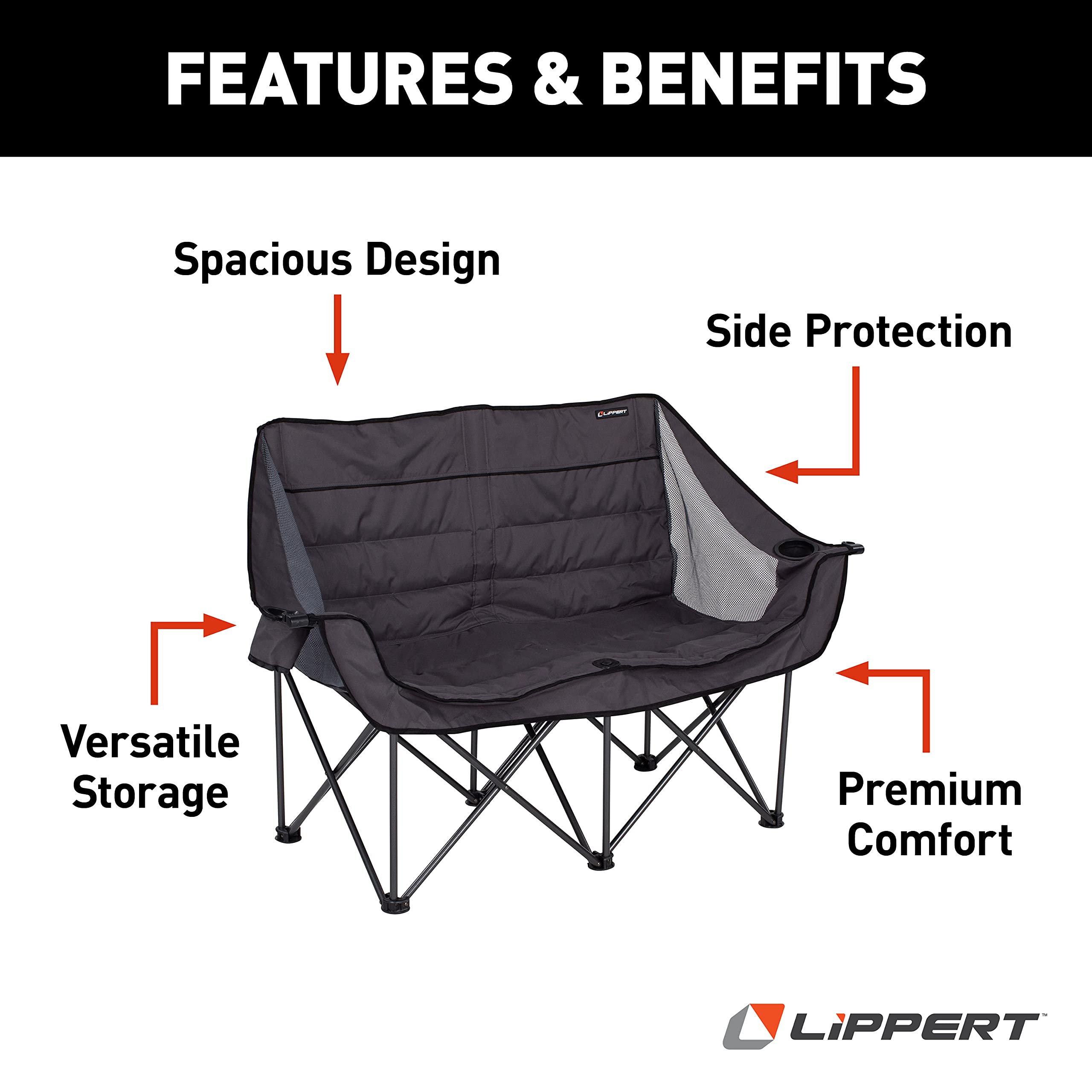 Lippert Folding Padded Loveseat for Camping - Portable Outdoor Recliner with Carry Bag, Dark Grey - Perfect for RV, Patio, Backyard & Picnic Use