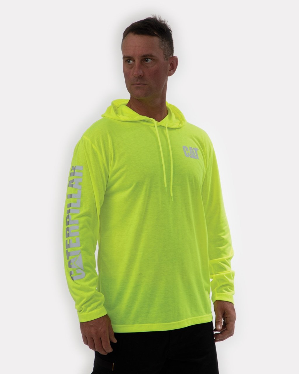 CAT Men's High Visibility UPF 50+ Hooded Long Sleeve Work Shirt - Reflective Safety Shirt for Construction, Road Work & Outdoor Jobs