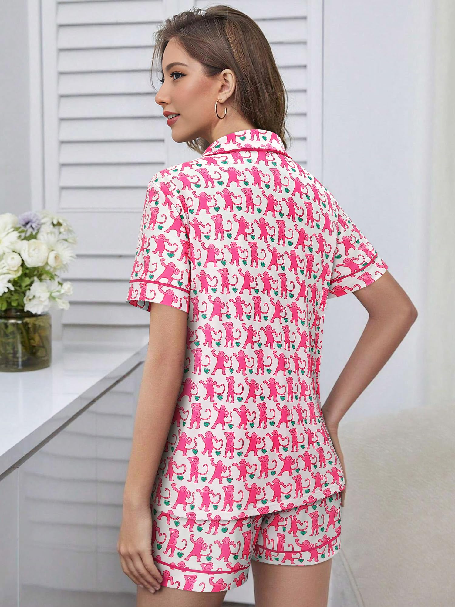 Women's Preppy Monkey Pajama Set - Y2K Cute 2-Piece Short Sleeve Button Down Loungewear with Shorts | Perfect for Sleepovers, Lounge Days & TikTok Outfits
