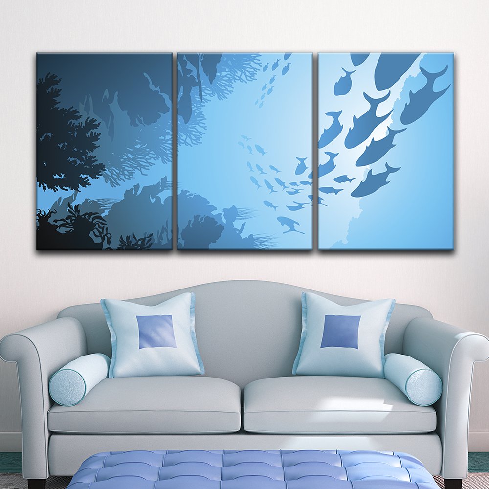 Wall26 3-Piece Canvas Wall Art - Underwater School of Fish Ocean Painting, Giclee Printed Gallery Wrapped Modern Home Decor - 16x24 Inches Each Panel (Set of 3) - Perfect for Living Room, Bedroom or Office Wall Decor