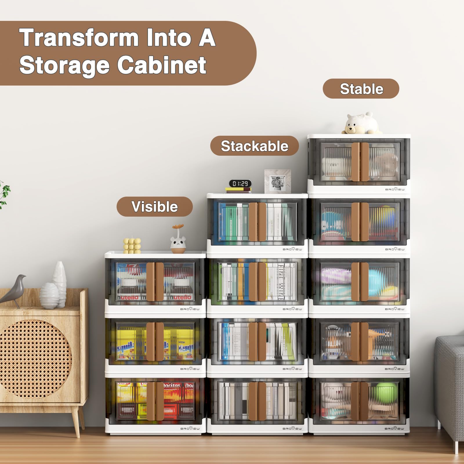 3-Pack 132QT Stackable Plastic Storage Bins with Lids & Wheels - 33 Gallon Foldable Closet Organizer Containers - Collapsible Cabinet with Doors for Home, Dorm, Office & Garage Organization (Brown, V6) - Perfect for Seasonal Clothes, Toys & Household Item Storage