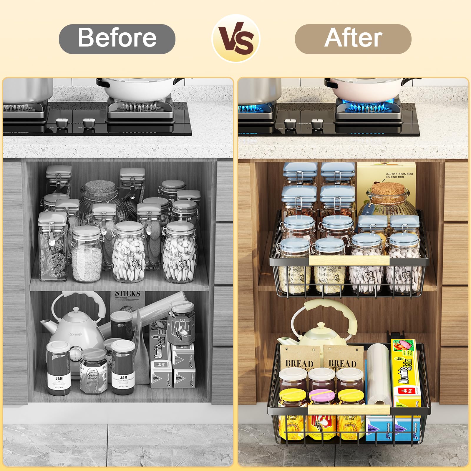 AUFWORLD 2 Pack Heavy Duty Pull Out Cabinet Organizer with Adhesive Nano Film - Slide Out Drawers for Kitchen Cabinets, Pantry & Bathroom Storage - Perfect for Spice Racks, Under Sink Organization & Closet Shelving (Black)