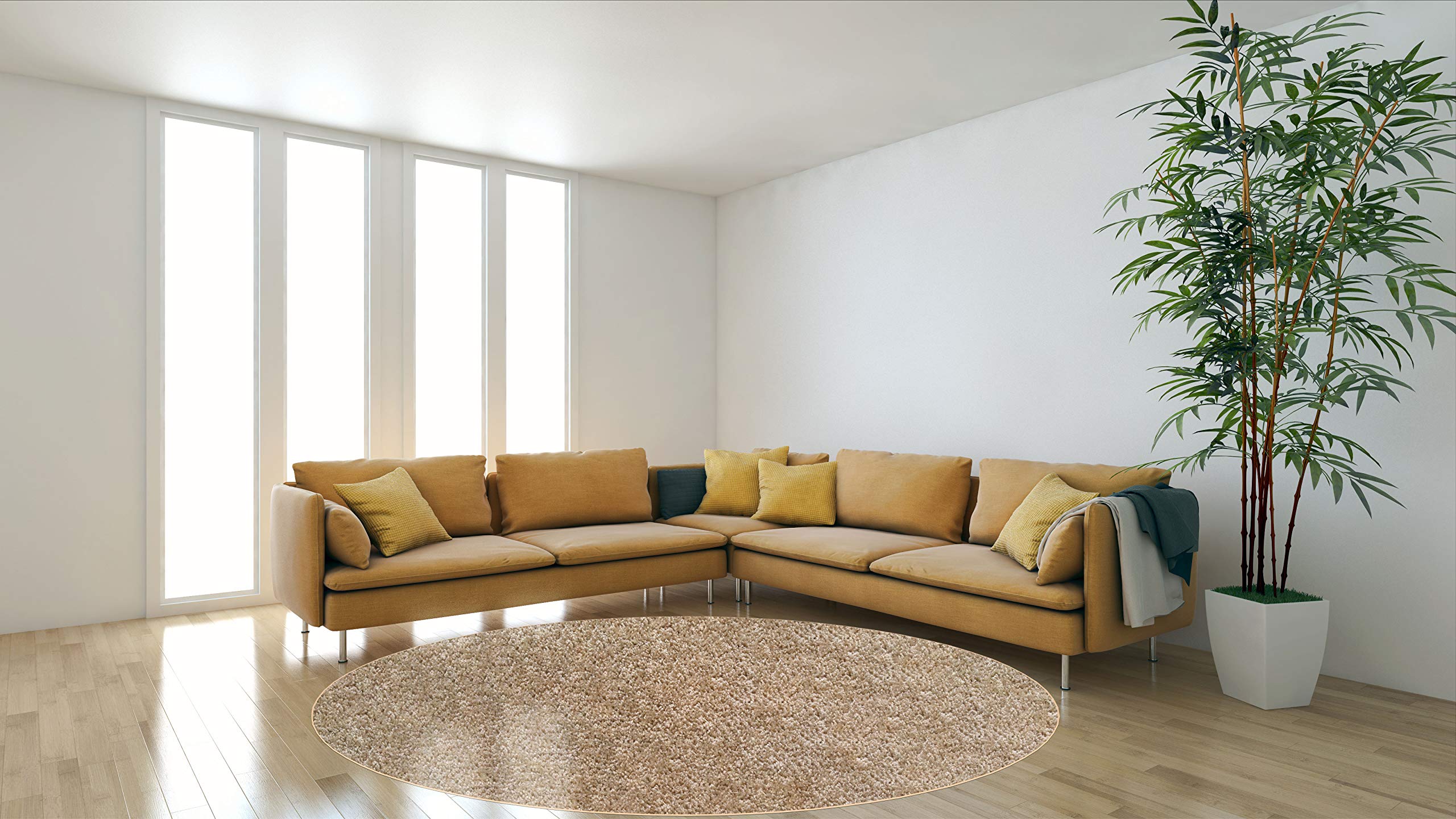 KOECKRITZ Frieze Style Round Area Rugs - 5' Round Soft Stainproof Carpet - 100% PureColor® Solution Dyed BCF Polyester - Pet & Kid Friendly - Sandstone Beige - Perfect for Living Room, Bedroom or Nursery