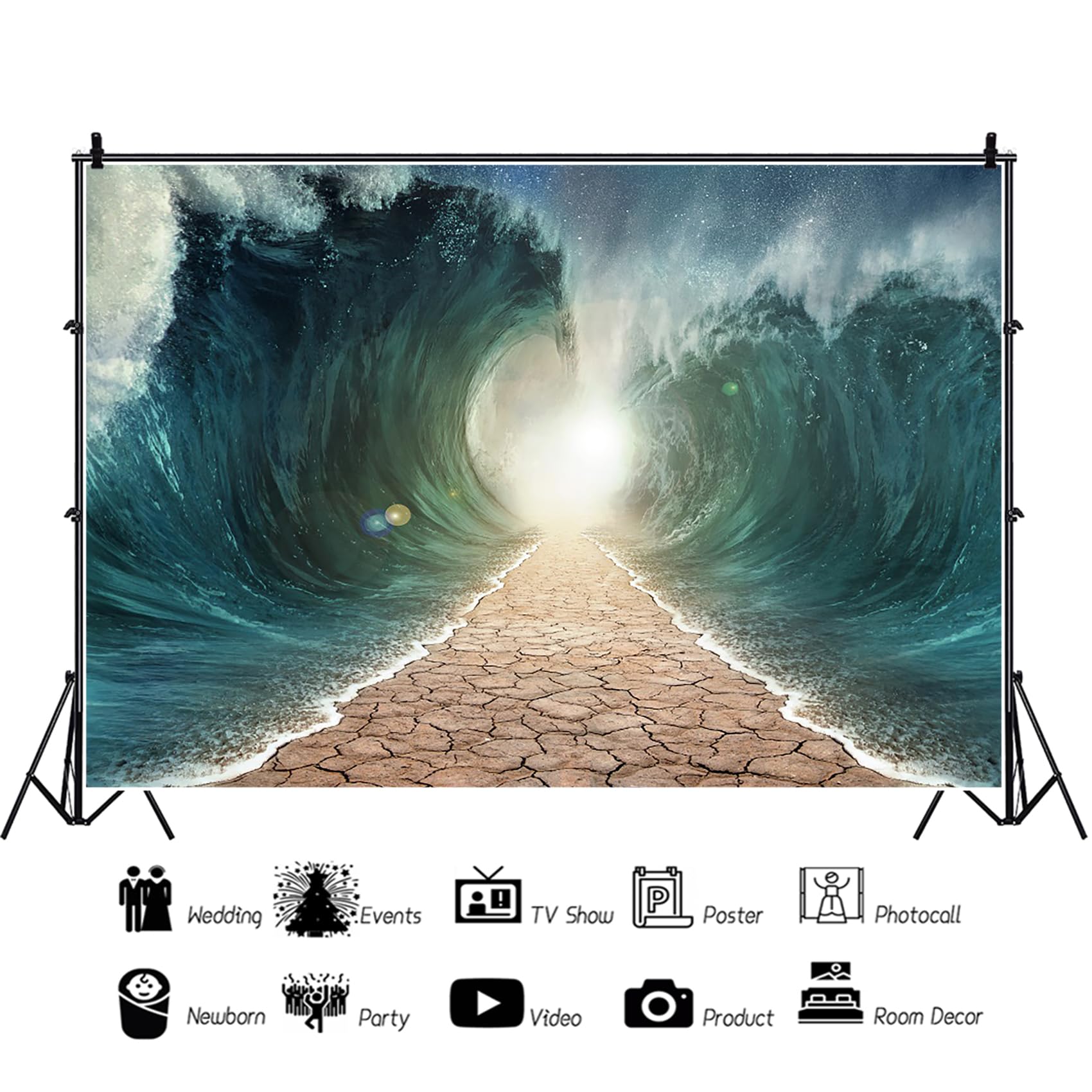 Baocicco 22x10ft Moses Divided Sea Pathway Photography Backdrop - Religious Background for Judaism, Catholic & Christian Churches - Perfect for Easter, Holy Day Festivals, Portrait Studio & Religious Events