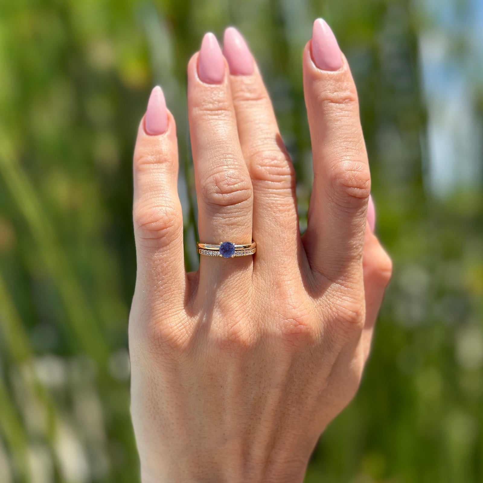 14K Yellow Gold Two-Piece Round Lab Alexandrite Half Eternity Wedding Band Set - Perfect for Bridal Jewelry, Anniversary Gifts & Special Occasions