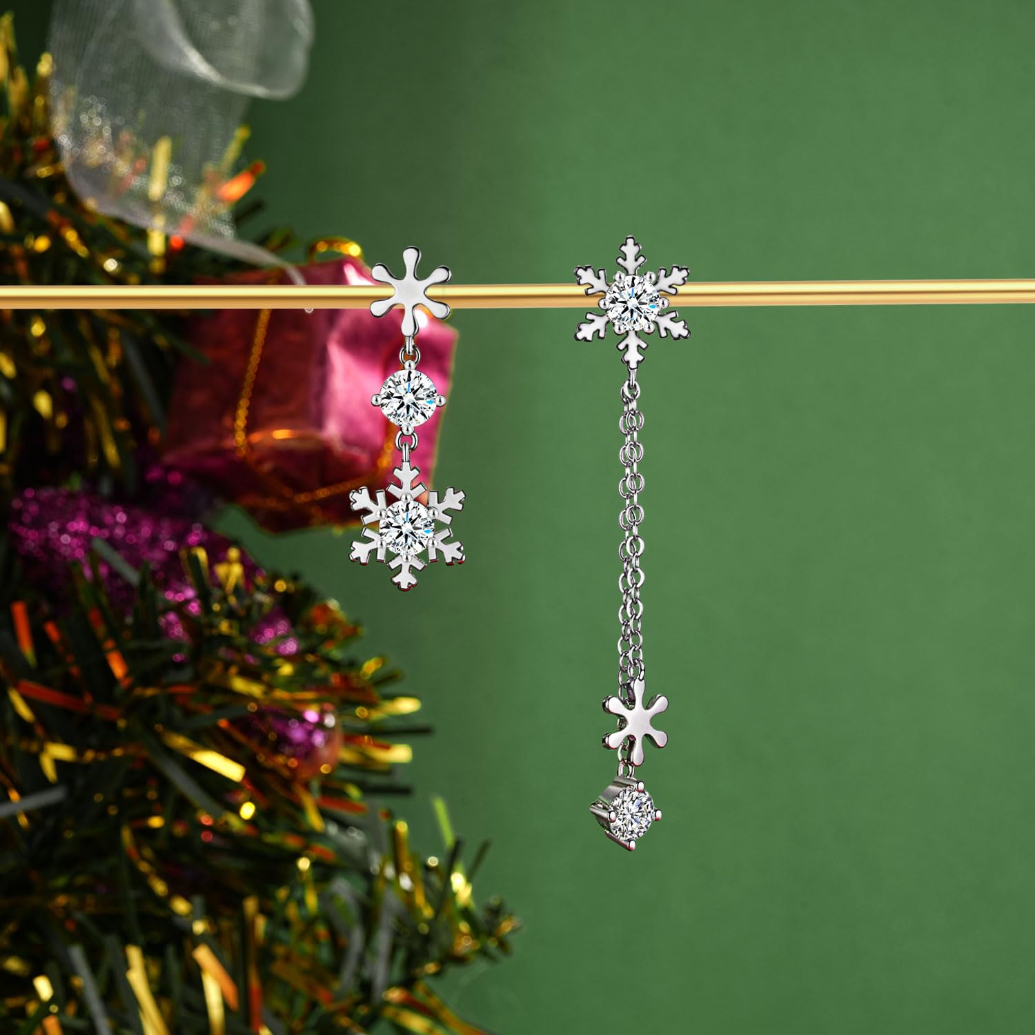 Bewenda 925 Sterling Silver Asymmetric Snowflake Dangle Earrings for Women - Hypoallergenic Zirconia Drop Earrings with Gift Box | Christmas Party, Holiday Gifts, Wedding & Evening Wear Accessories