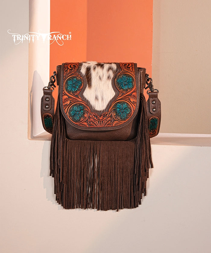 Genuine Hair-On Cowhide Crossbody Bag with Tooled Fringe - Trinity Ranch Western Style Purse for Women | Perfect for Rodeo, Country Concerts & Boho Fashion