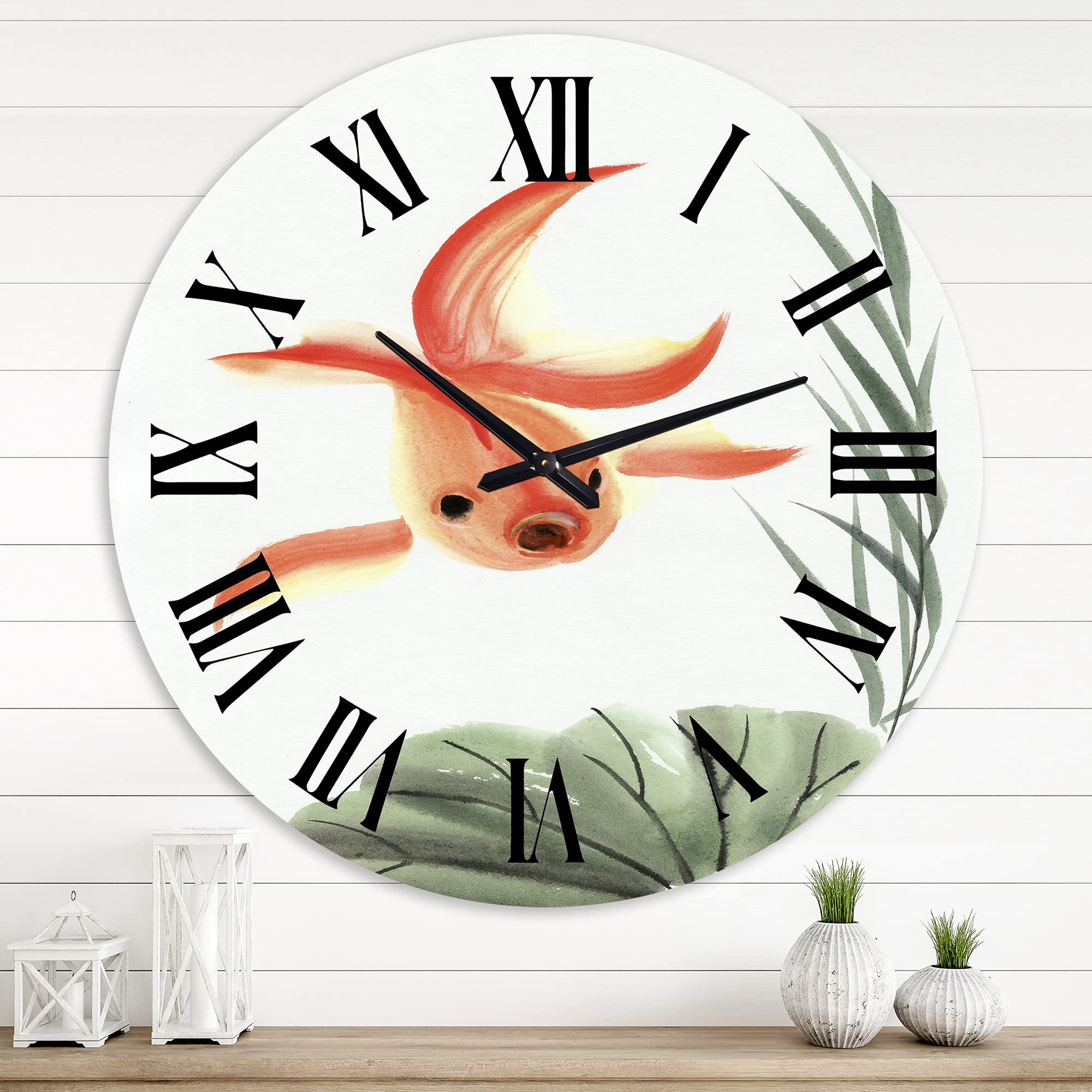Vintage Goldfish & Lotus Leaf Nautical Wall Clock - Large Coastal Decor for Bedroom, Living Room, Office | DesignQ Animal-Themed Decorative Clock