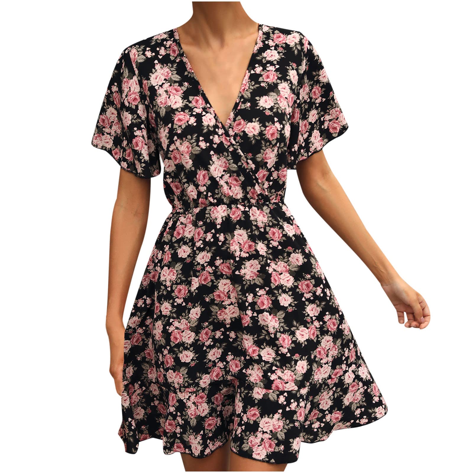 Women's Floral Print V-Neck Summer Dress - Boho Ruffle Swing Mini Dress for Beach, Party & Casual Wear | Lightweight Short Dress for Vacation, Date Night & Outdoor Activities