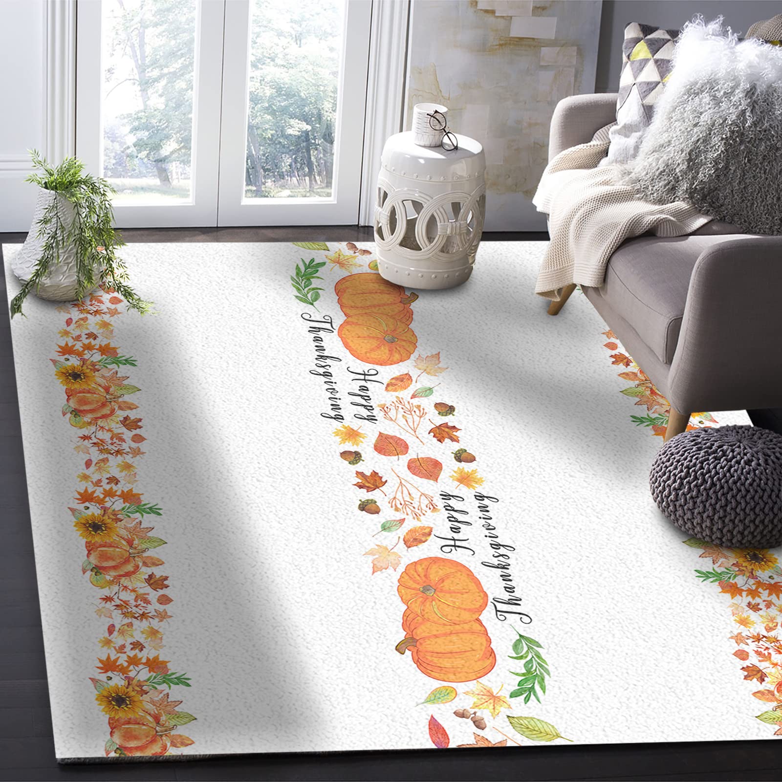 Modern Rectangle Area Rug - Soft Indoor Carpet Floor Mat with Happy Thanksgiving Pumpkin & Gold Maple Leaves Design - Perfect for Kitchen, Living Room, Kids Play Area & Fall Decor
