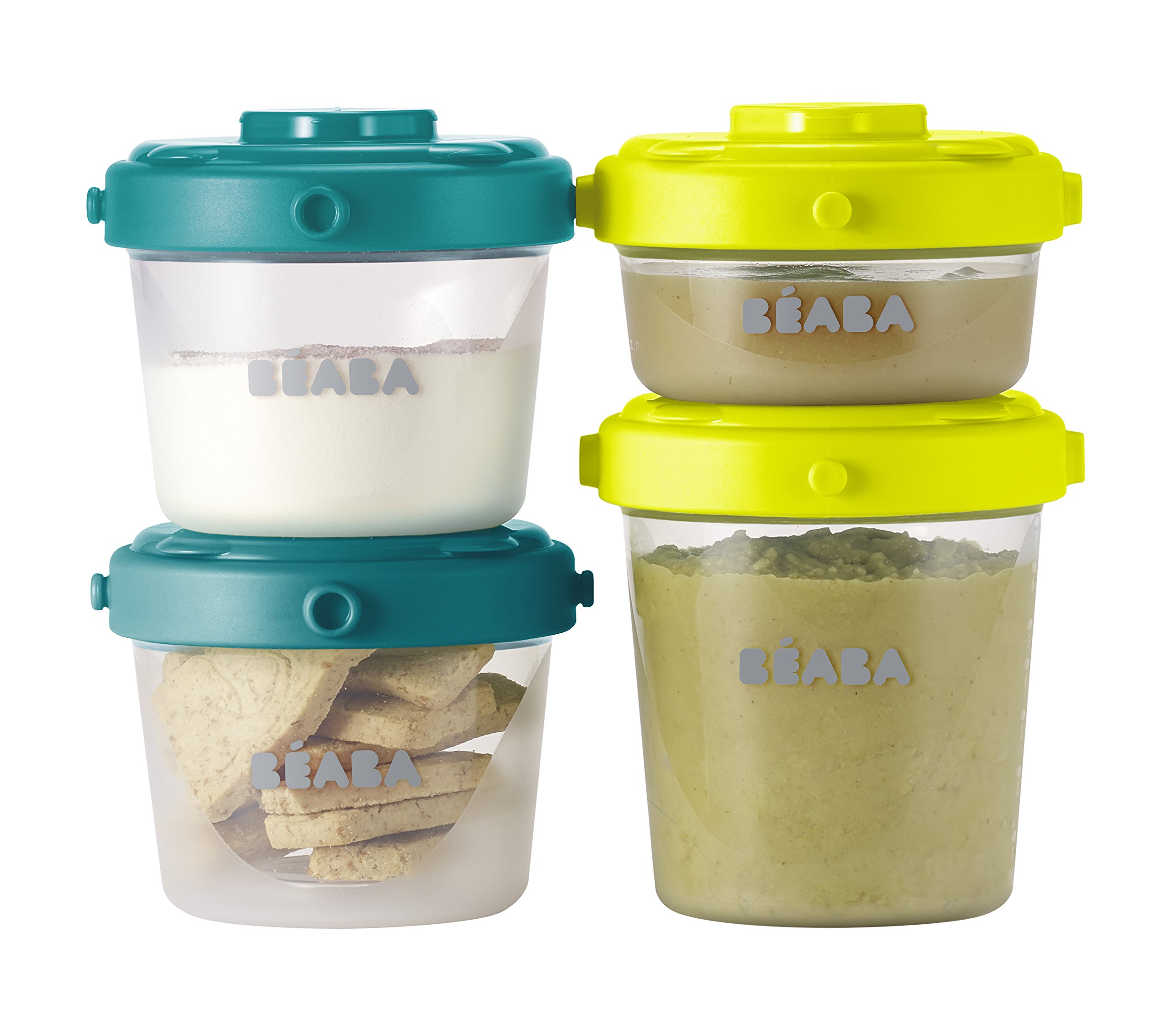 BEABA Clip Containers Set of 6 - 2oz & 4oz Airtight Food Storage Containers for Snacks, Baby Food, and Meal Prep - Perfect for On-the-Go, Lunch Boxes, and Pantry Organization (Peacock Color)