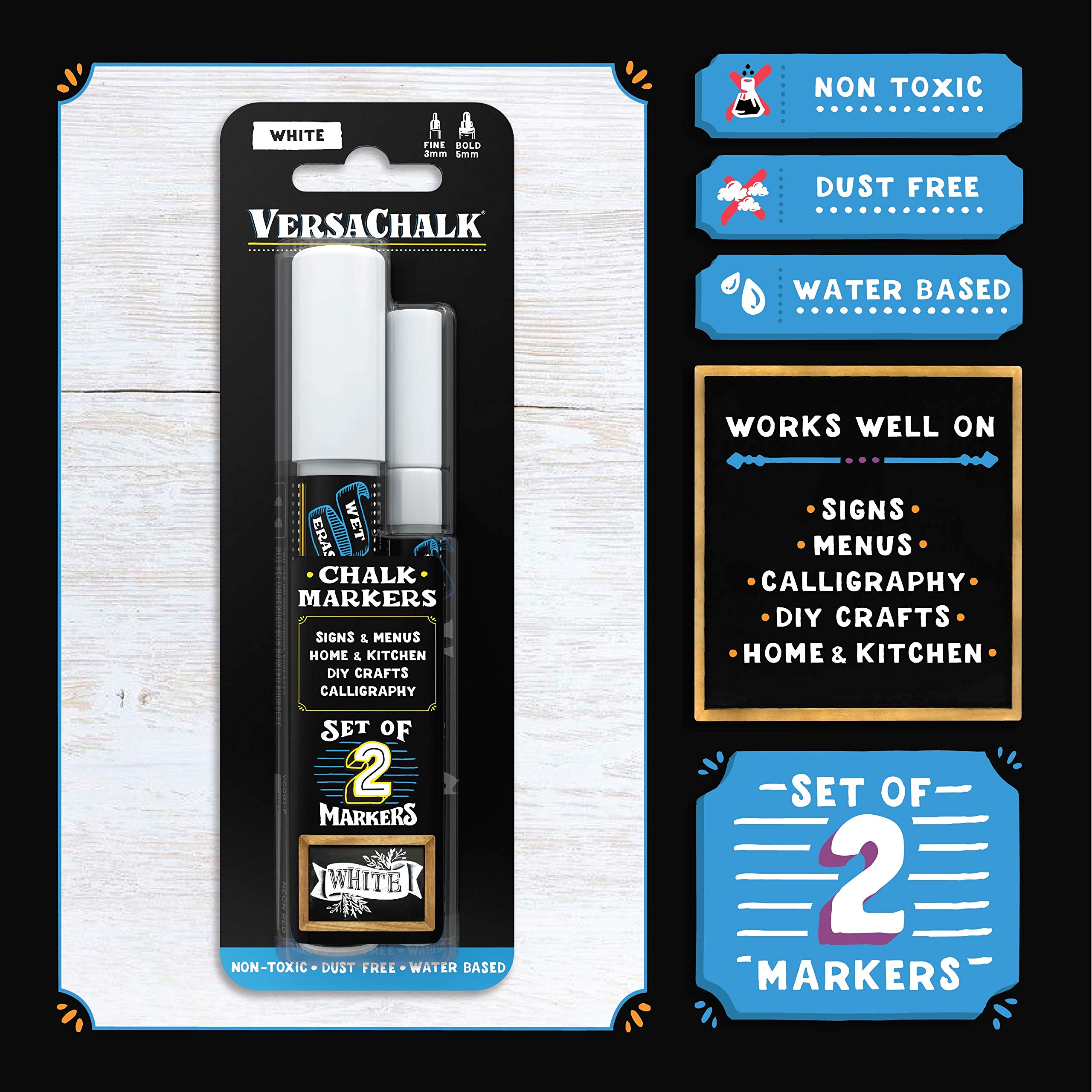 VersaChalk White Chalkboard Markers - Wet Erase Dustless Chalk Paint Pens for Blackboard, Dry Erase Whiteboard & Signs (2-Pack) - Perfect for Restaurants, Classrooms & DIY Home Decor