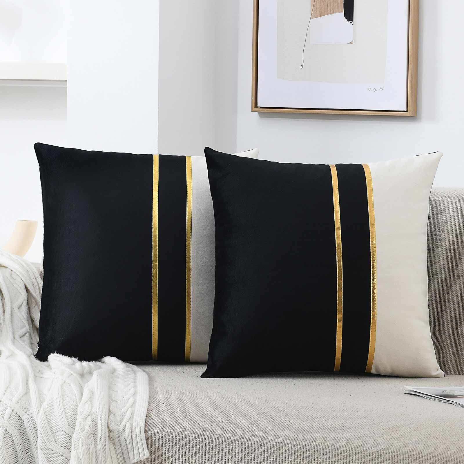 WACOMECO Velvet Throw Pillow Covers 16x16 Inches - Soft Decorative Cushion Covers with Gold Leather Trim for Sofa, Bedroom, Living Room & Car - Black and White Luxury Pillowcases for Home Decor & Cozy Comfort