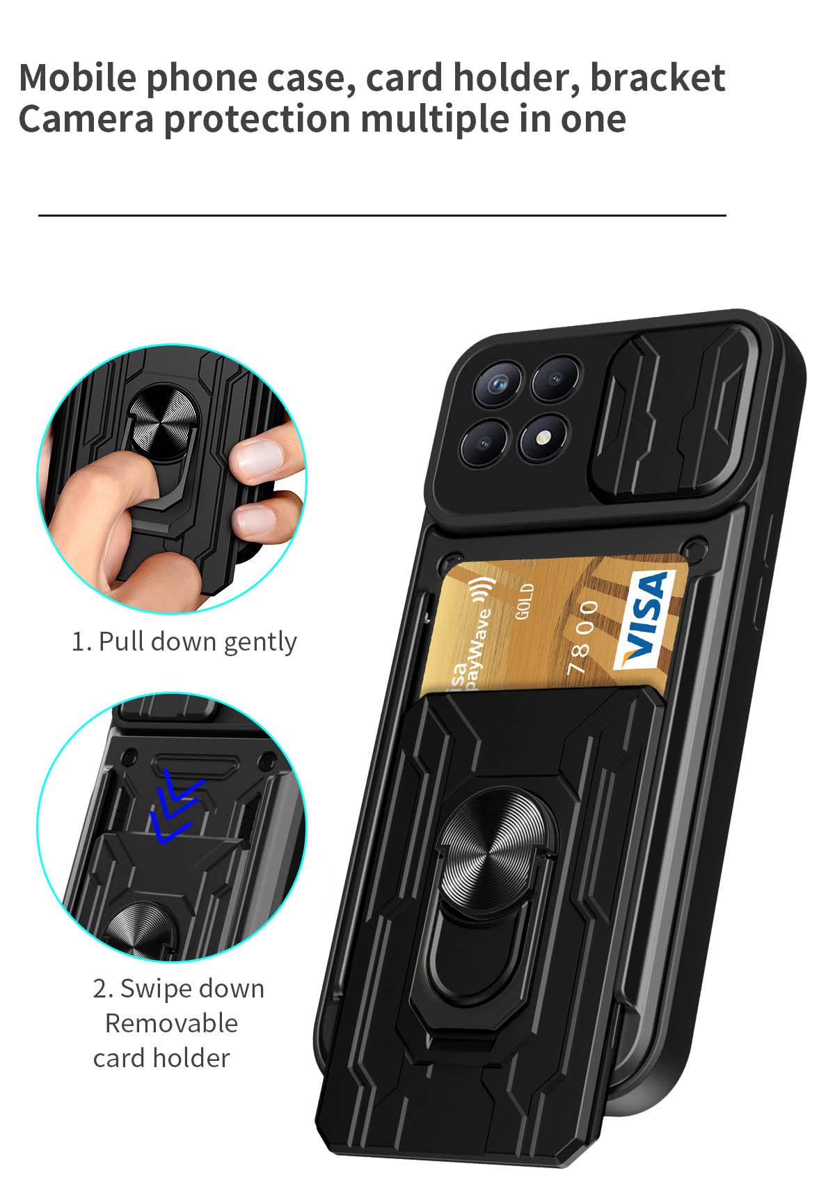 Heavy Duty Magnetic Ring Kickstand Phone Case for Oppo Realme 8i - Shockproof Protective Cover with Card Holder & Slide Camera (LJK Blue) | Perfect for Outdoor Activities, Travel & Daily Use