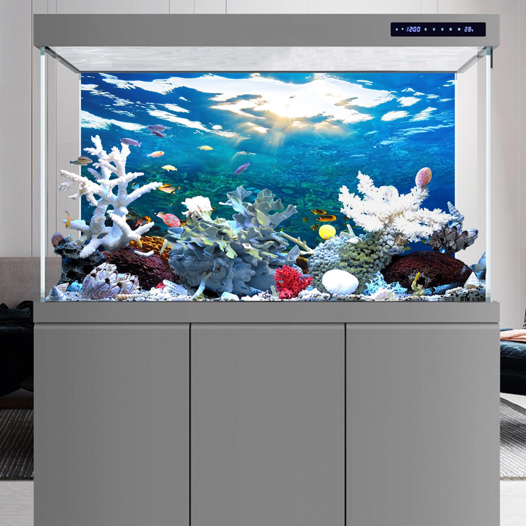 YongFoto 24x12 Inch Ocean Theme Fish Tank Background - Seaweed Coral Reef Rock Seafloor Tropical Fish Underwater Scenery - Polyester Aquarium Backdrop for Reptile Habitat & Terrarium Decor - Perfect for Home Aquariums and Pet Tank Displays