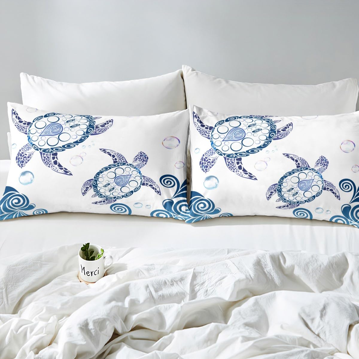 Soft Microfiber Turtle Print Duvet Cover Set - Full Size White & Blue Sea Turtle Pattern Bedding - Cute Ocean Themed Quilt Cover for Kids & Adults - Perfect for Beach House Decor, Coastal Bedroom, and Marine Lover's Home