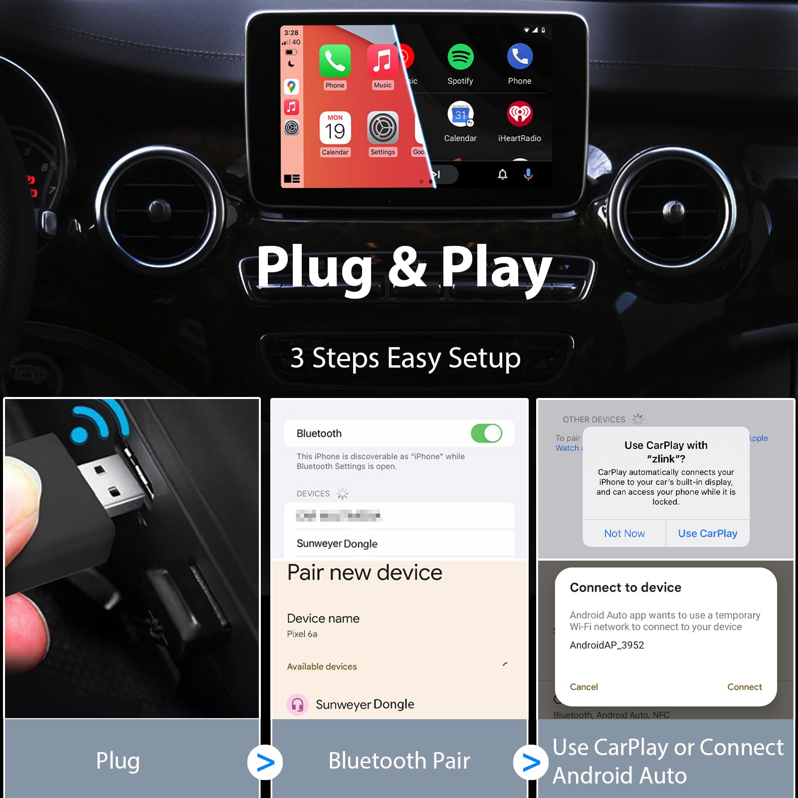 Sunweyer 2024 Wireless CarPlay & Android Auto Adapter - 2-in-1 Auto Connect Box with Online Updates | Wired to Wireless Converter for Cars 2015+ & iPhone iOS 10+ | Perfect for Commuting, Road Trips & Hands-Free Navigation