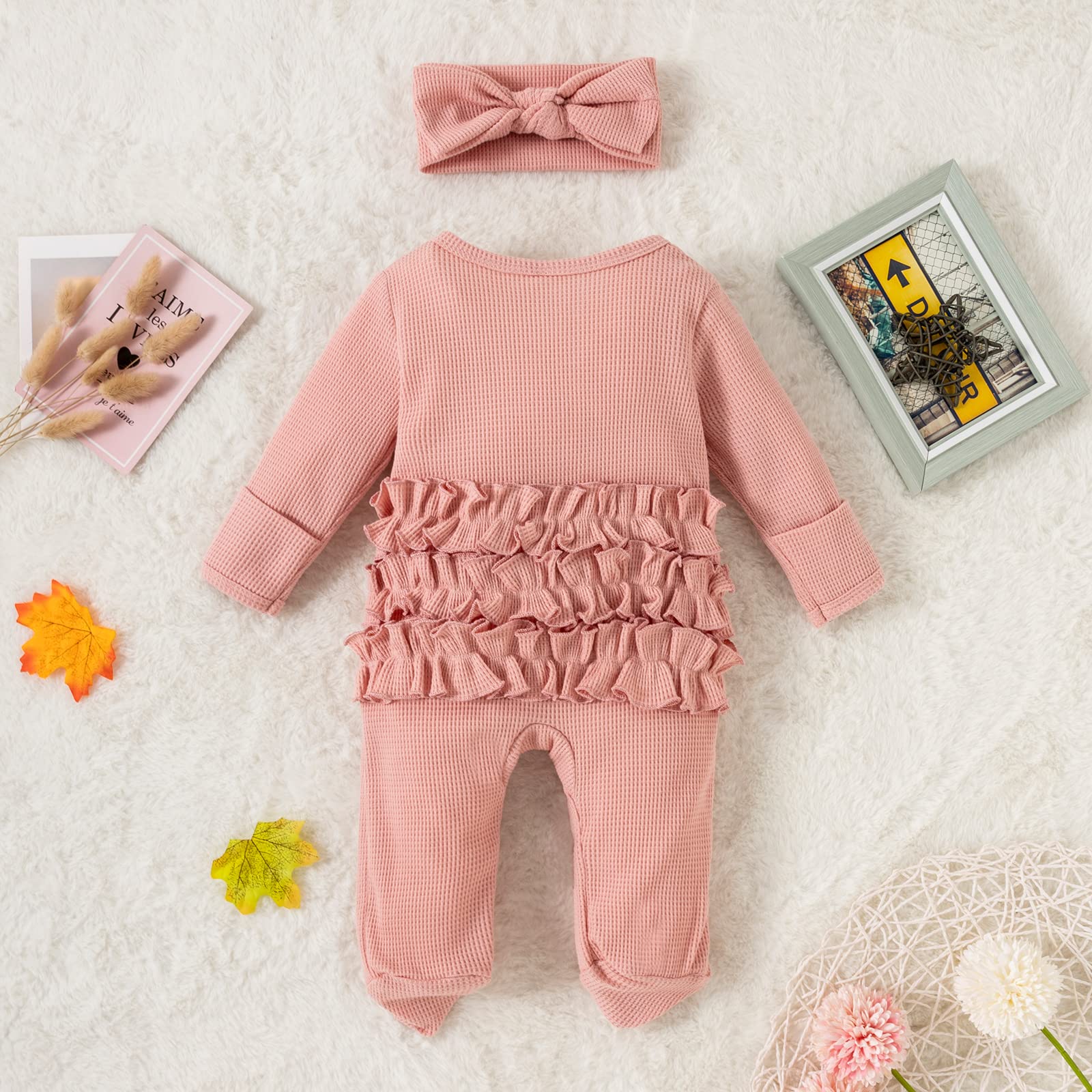 Newborn Baby Girl Long Sleeve Ribbed Onesie - Soft Knitted Romper & Headband Outfit Set - Perfect for Photoshoots, Family Gatherings & Everyday Wear