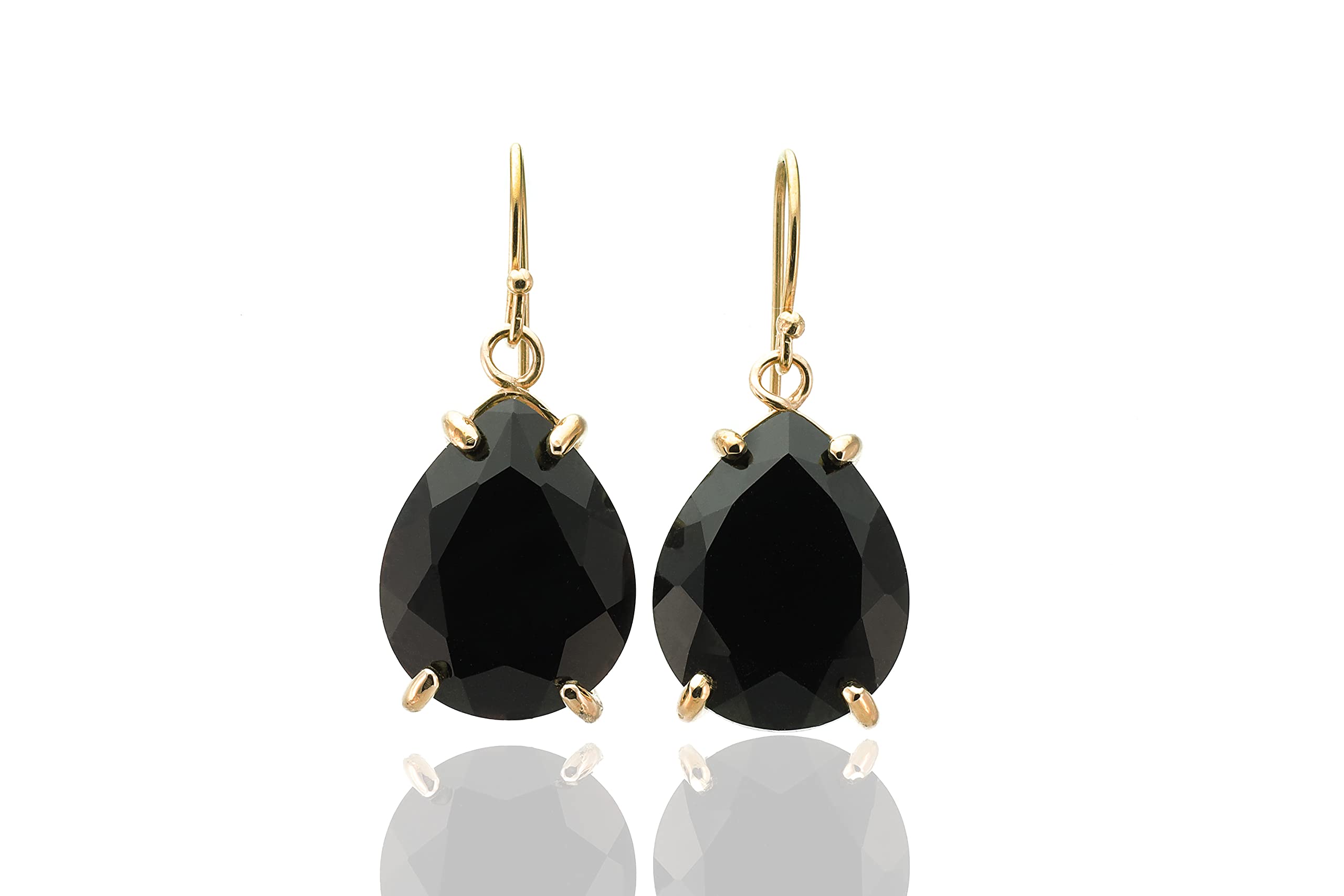 Pear Cut Black Onyx Gold Dangle Earrings for Women - Handmade Teardrop Gemstone Statement Jewelry - Large Pear Shaped Onyx Earrings - Diamond Alternative Semiprecious Earrings for Evening Parties, Weddings & Special Occasions